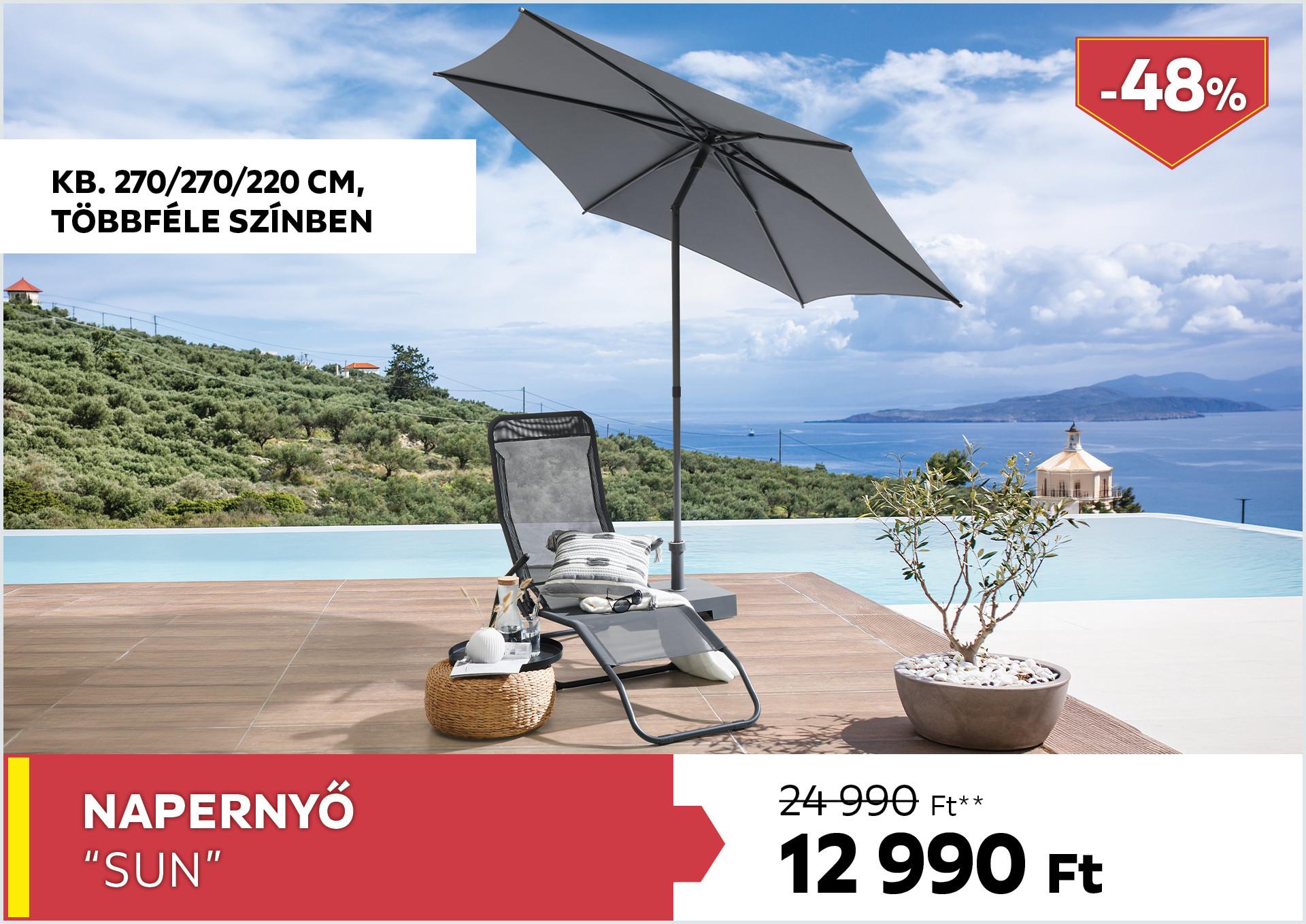 Napernyő kb. 270/270/220cm SUN 24990Forint helyett 12990Forint kedvezmény mértéke 48%