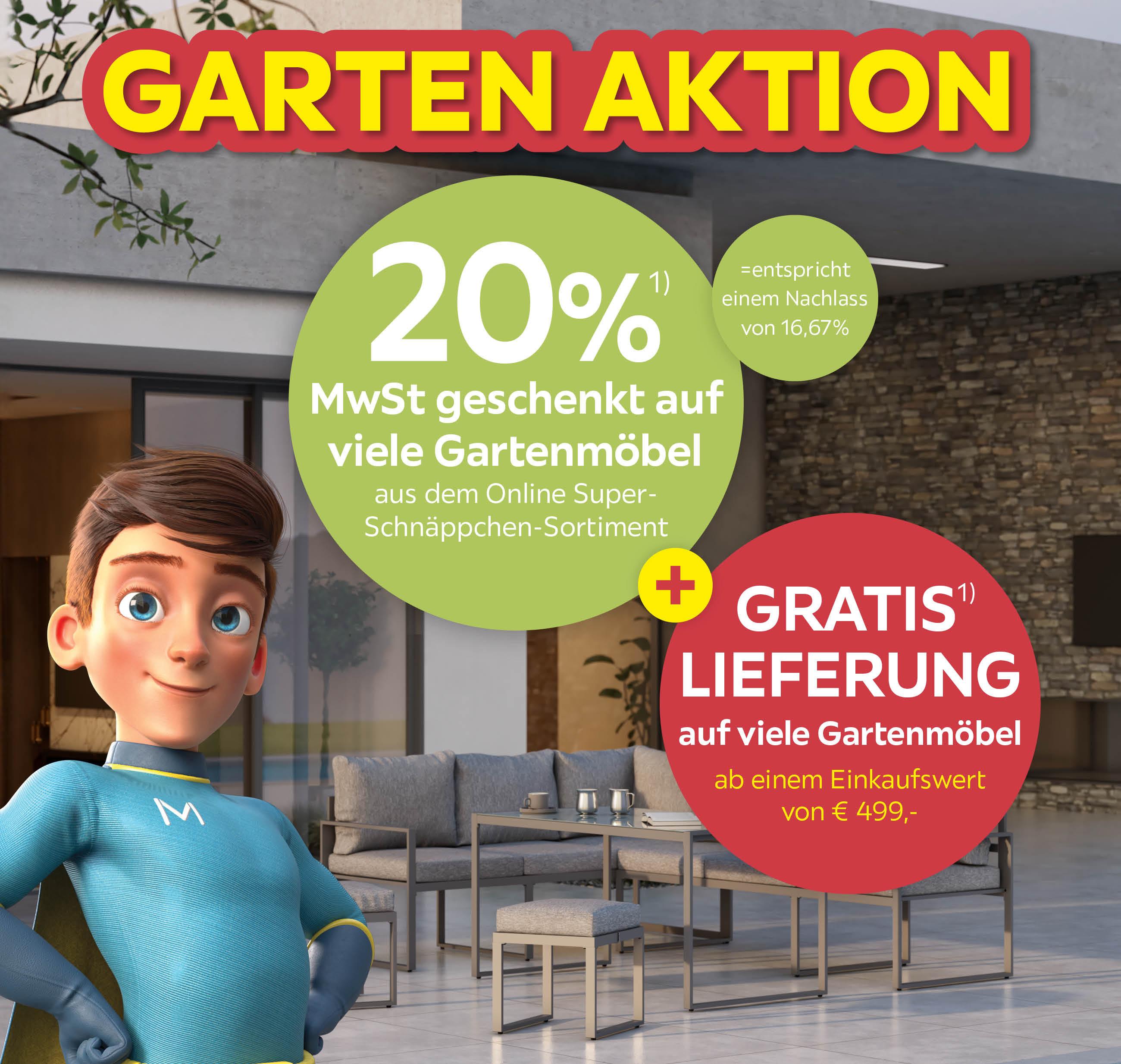 20% Mwst. geschenkt auf viele Gartenmöbel und Gratis Lieferung ab 499€