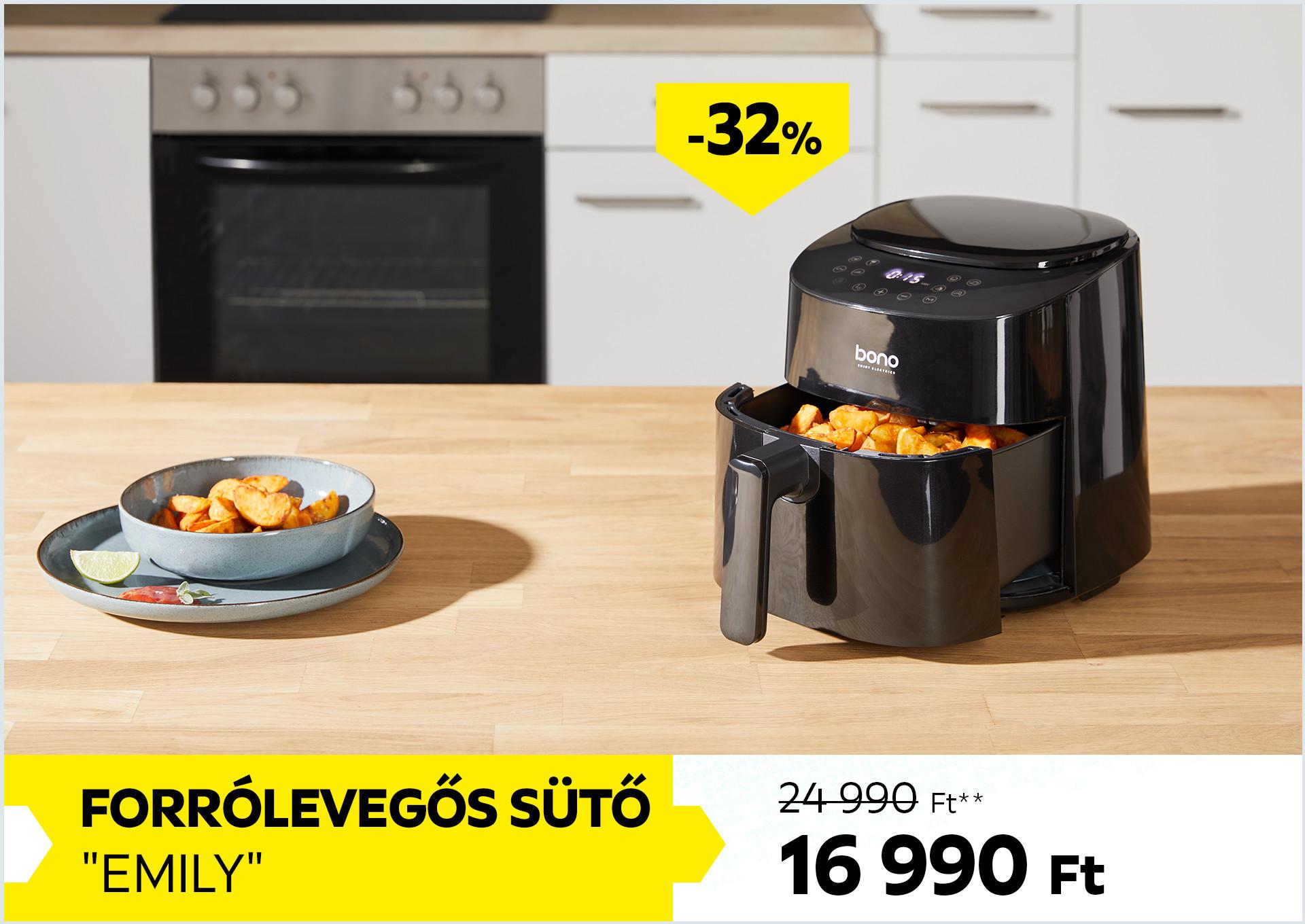 Forrólevegős sütő EMILY 24990Forint helyett 16990Forint kedvezmény mértéke 32%