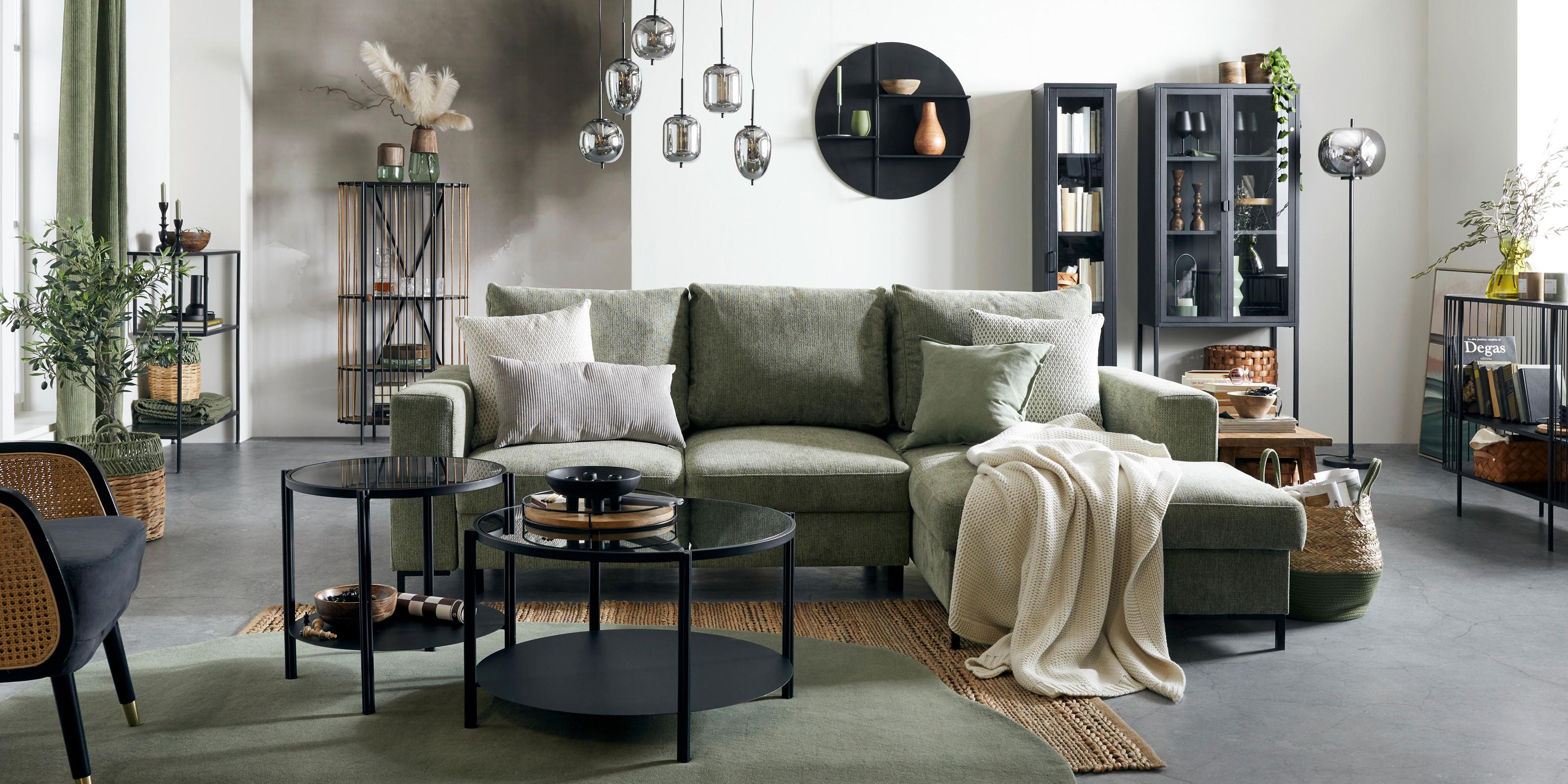 moderní obývací pokoj Oil Green, kombinace barev zelená, černá