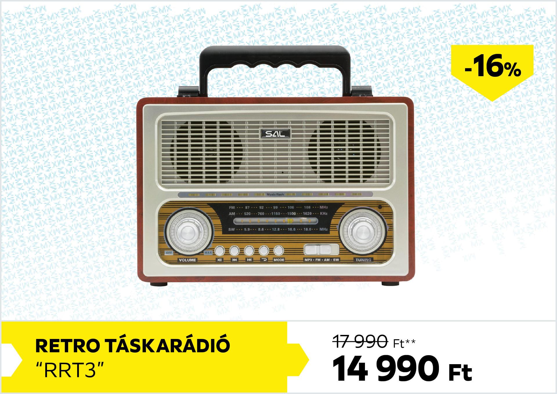 Retro táskarádió RRT3 17990Forint helyett 14990Forint kedvezmény mértéke 16%