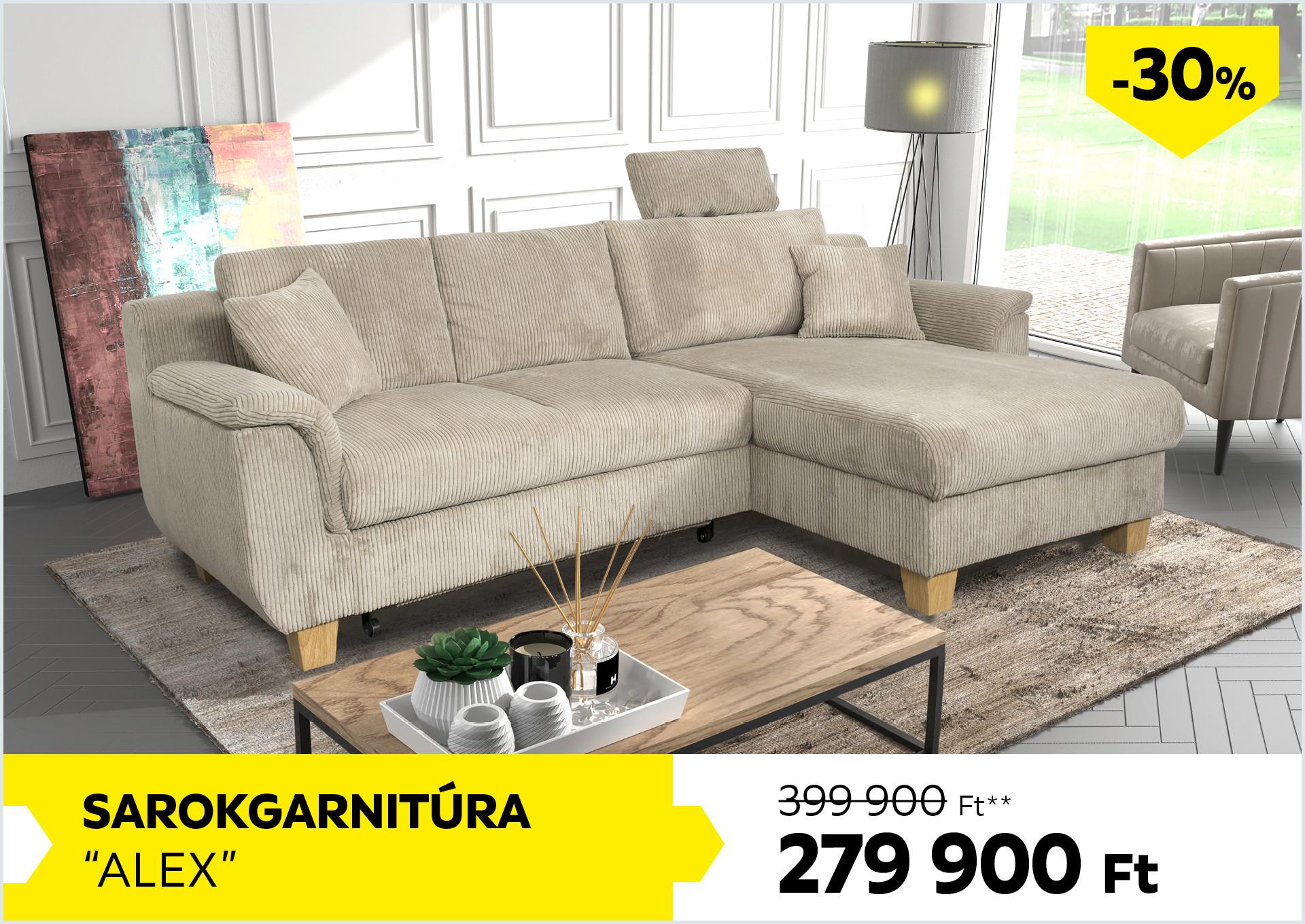Sarokgarnitúra Alex 399900Forint helyett 279900Forint kedvezmény mértéke 30%