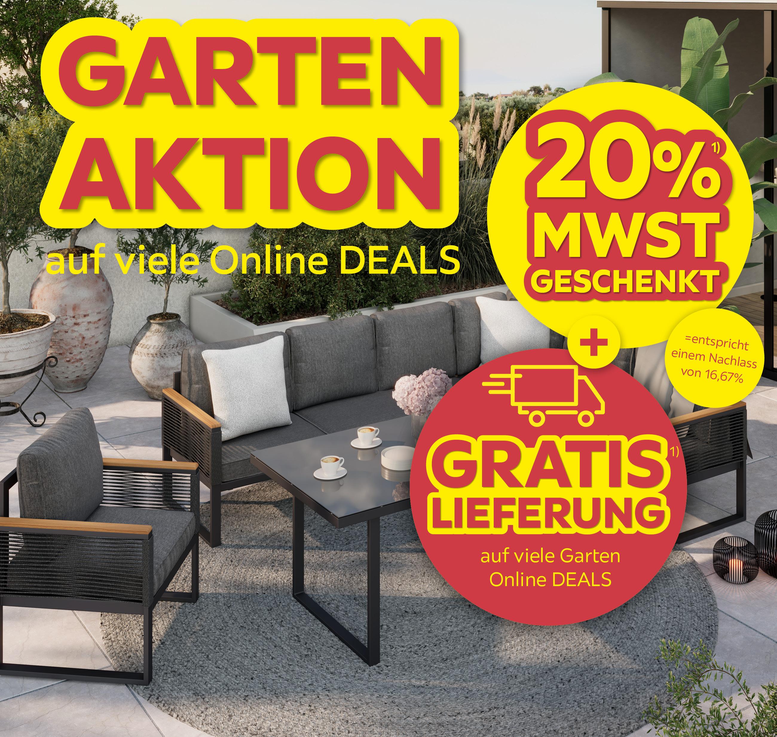 Gartenaktion auf viele Online DEALS, 20% MwSt. geschenkt =entspricht einem Nachlass von 16,67%, Gratis Lieferung auf viele Garten Online DEALS