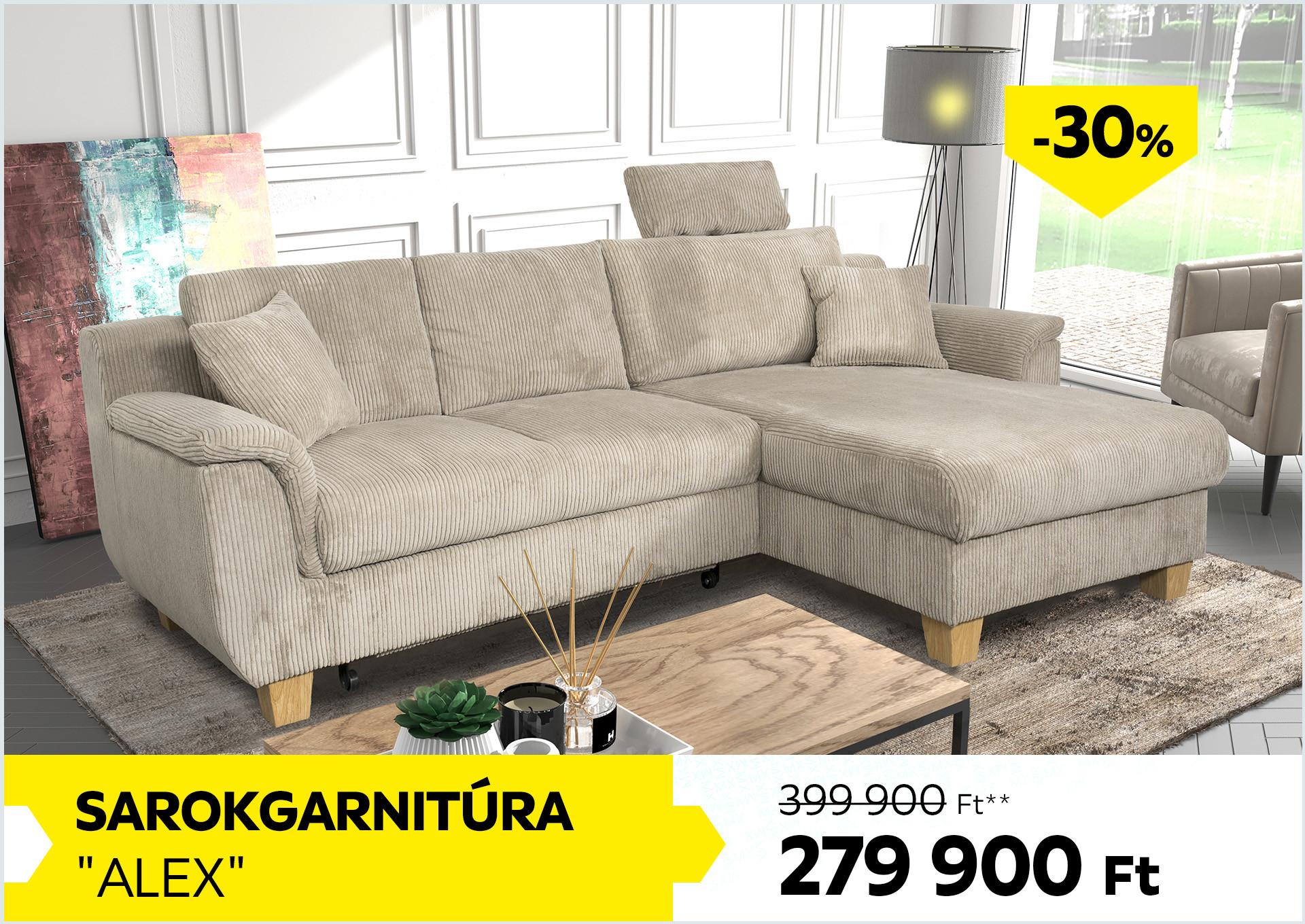 Sarokgarnitúra Alex 399900Forint helyett 279900Forint kedvezmény mértéke 30%