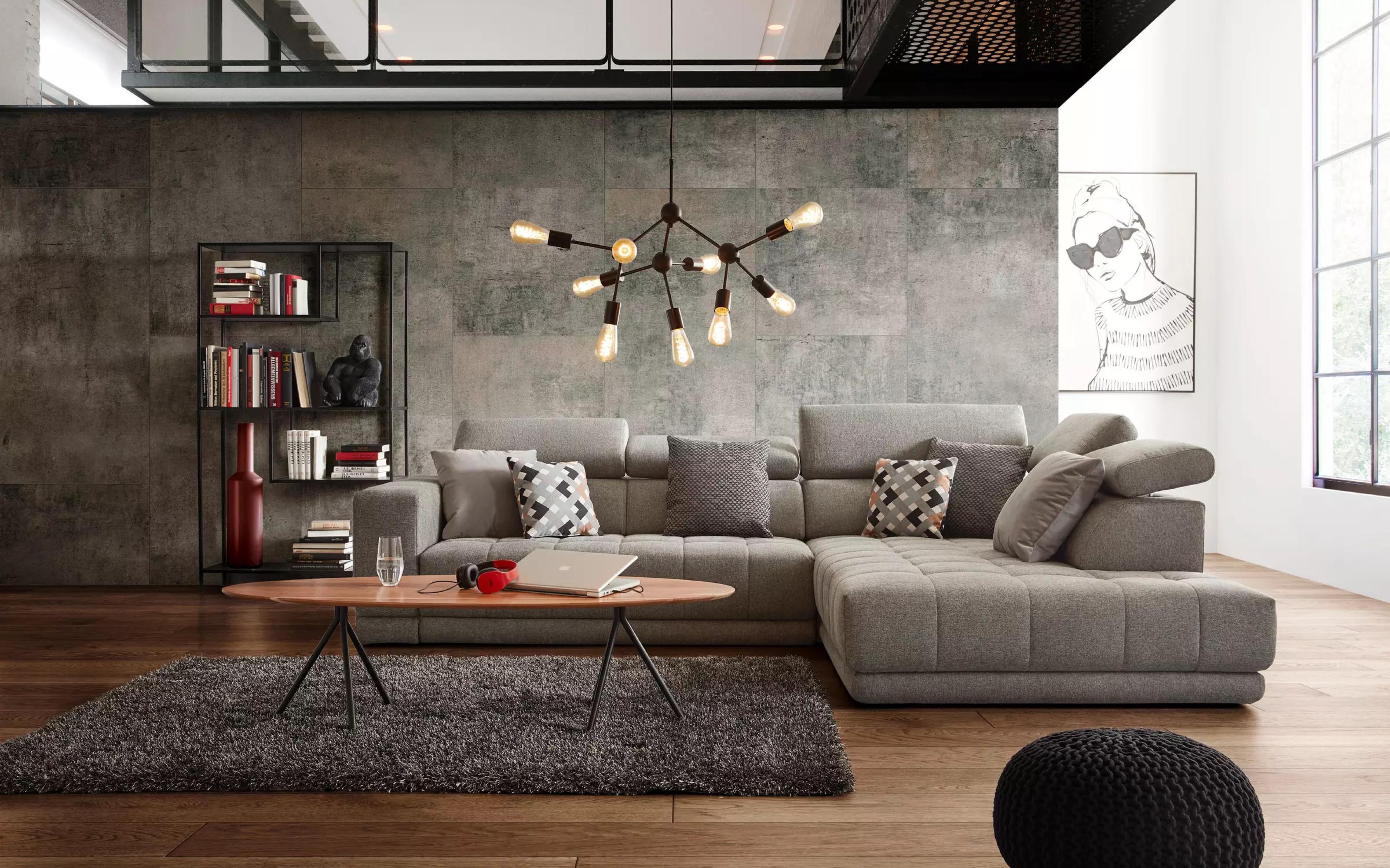 minimalistický industriální obývací pokoj s velkou sedačkou