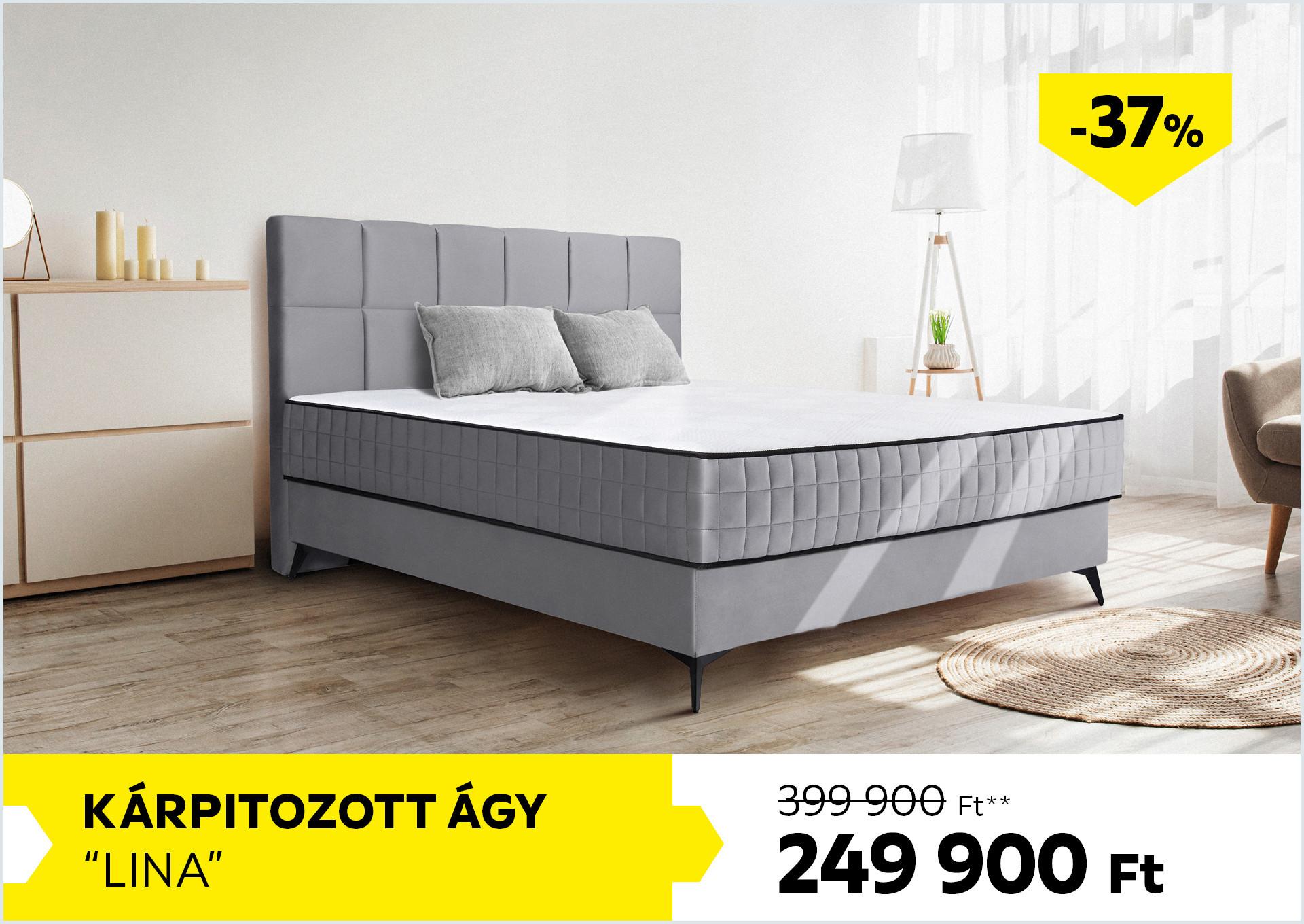 Kárpitozott ágy Lina 399900Forint helyett 249900Forint kedvezmény mértéke 37%