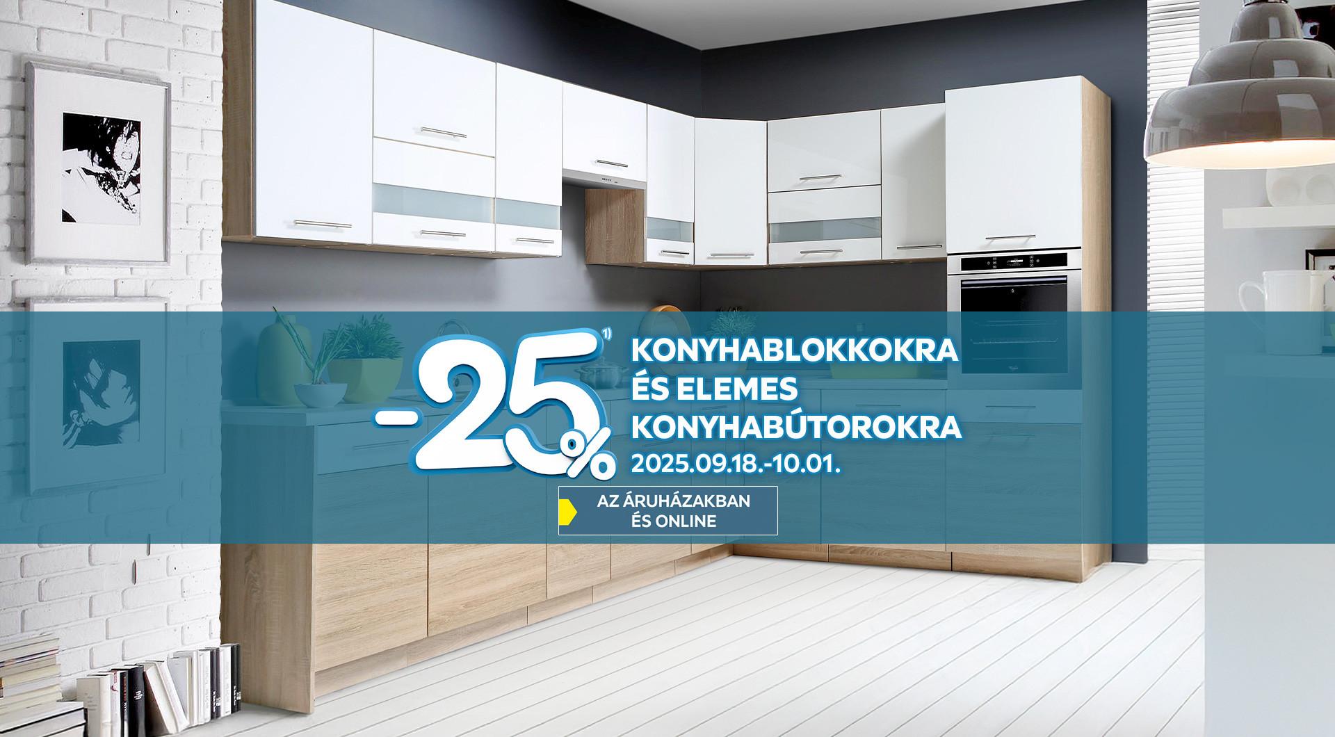 -25%1) konyhablokkokra és elemes konyhabútorokra 2025.09.18. és 2025.10.01. között az áruházakban és online