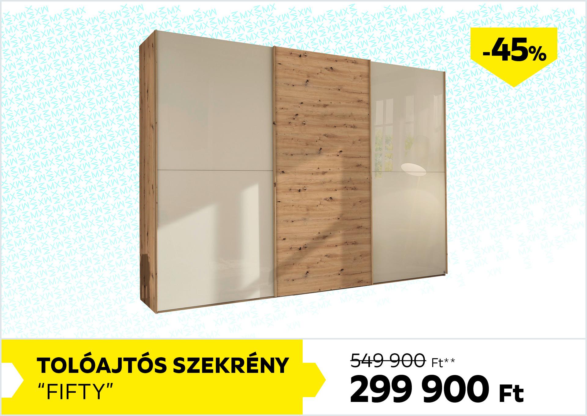 Tolóajtós szekrény Fifty 549900Forint helyett 299900Forint kedvezmény mértéke 45%