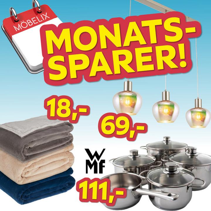 Monatssparer, Kuscheldecke 18€, Deckenleuchte 69€, Kochtopfset 111€