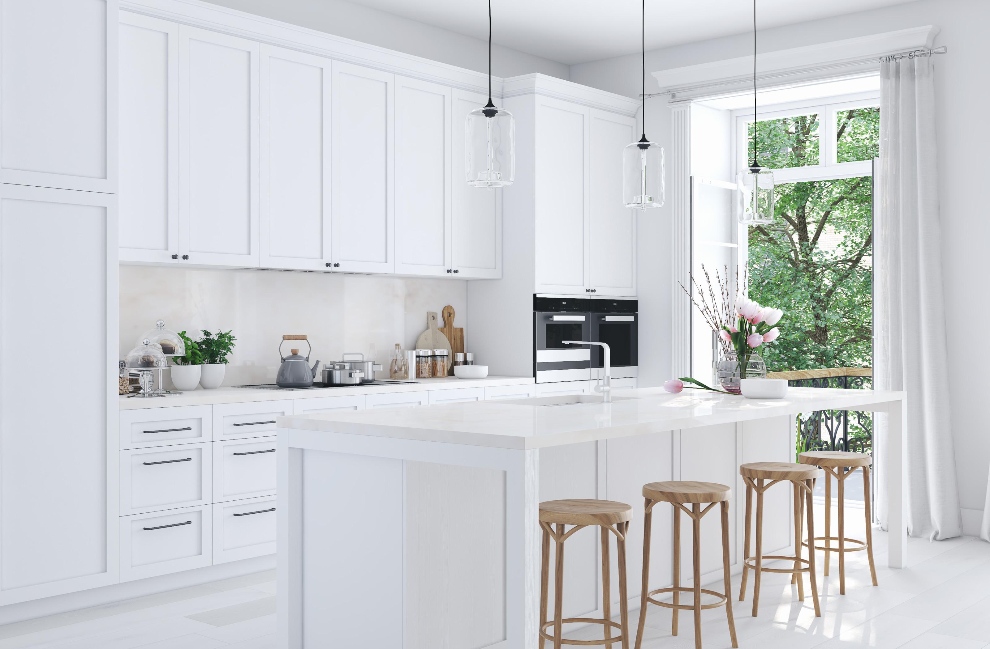 moderní kuchyně v bílé barvě s designovým stolem