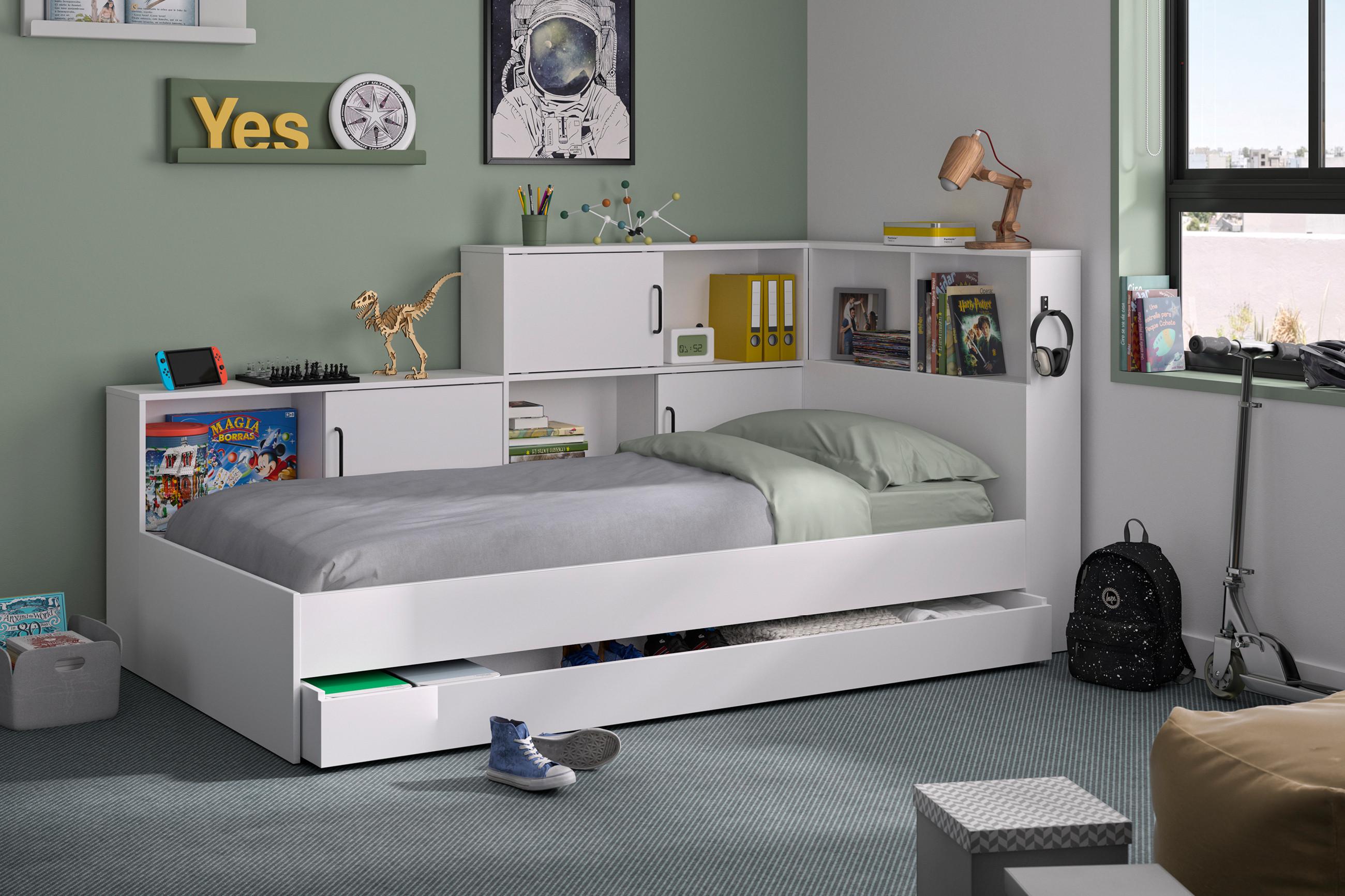Jugendbett mit Stauraum in Weiß