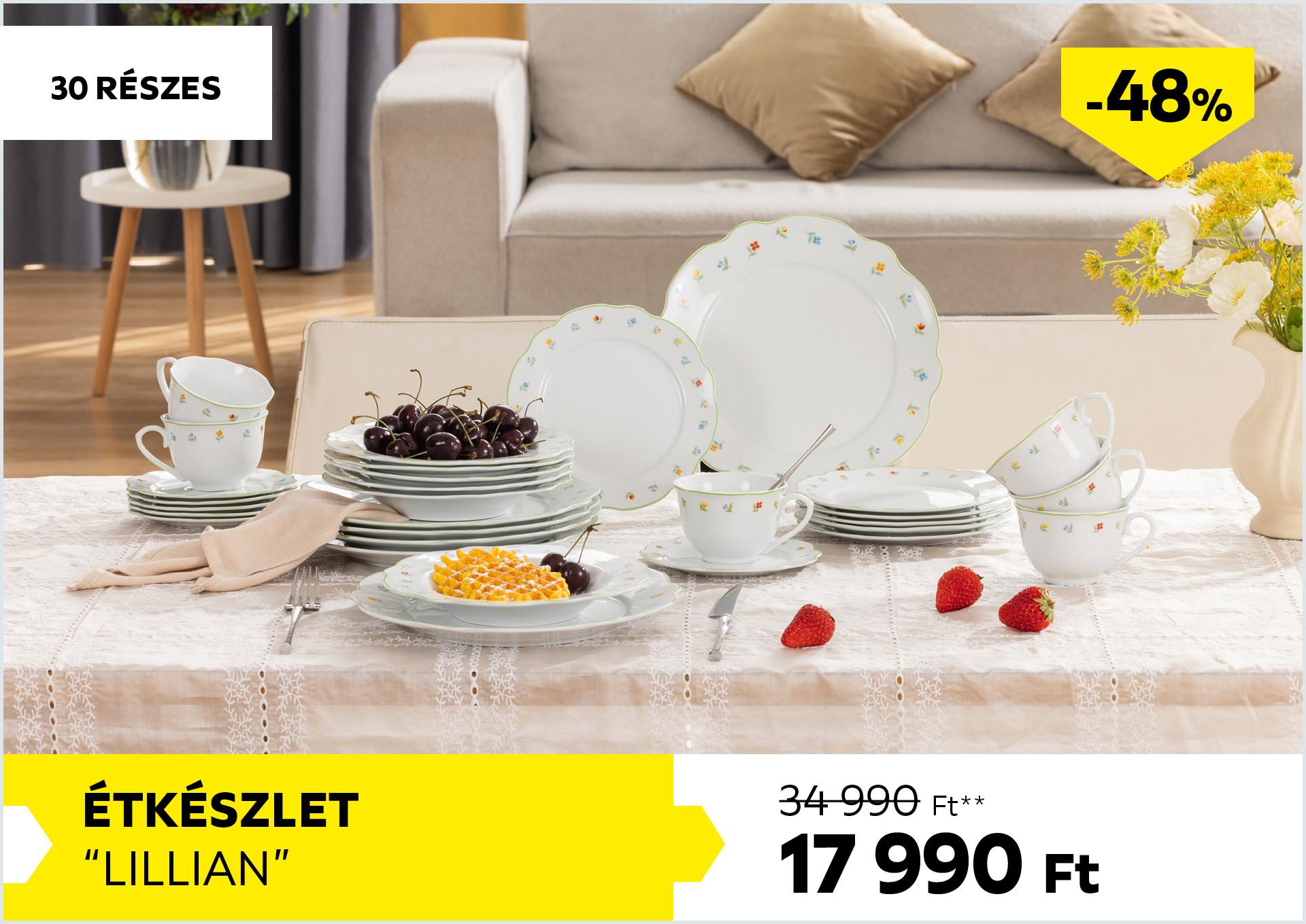 30-részes étkészlet LILLIAN 34990Forint helyett 17990Forint kedvezmény mértéke 48%