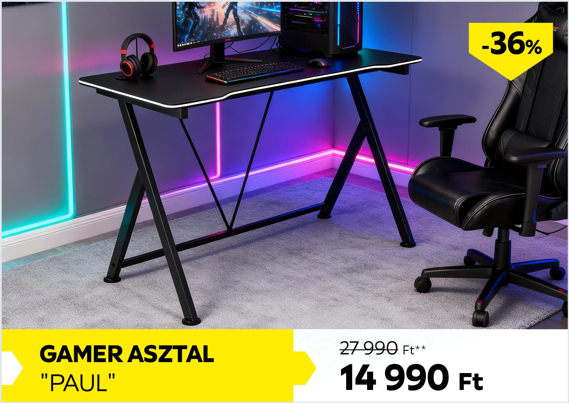 Gamer asztal PAUL 27990 Forint helyett 14990 Forint, kedvezmény mértéke: 36%
