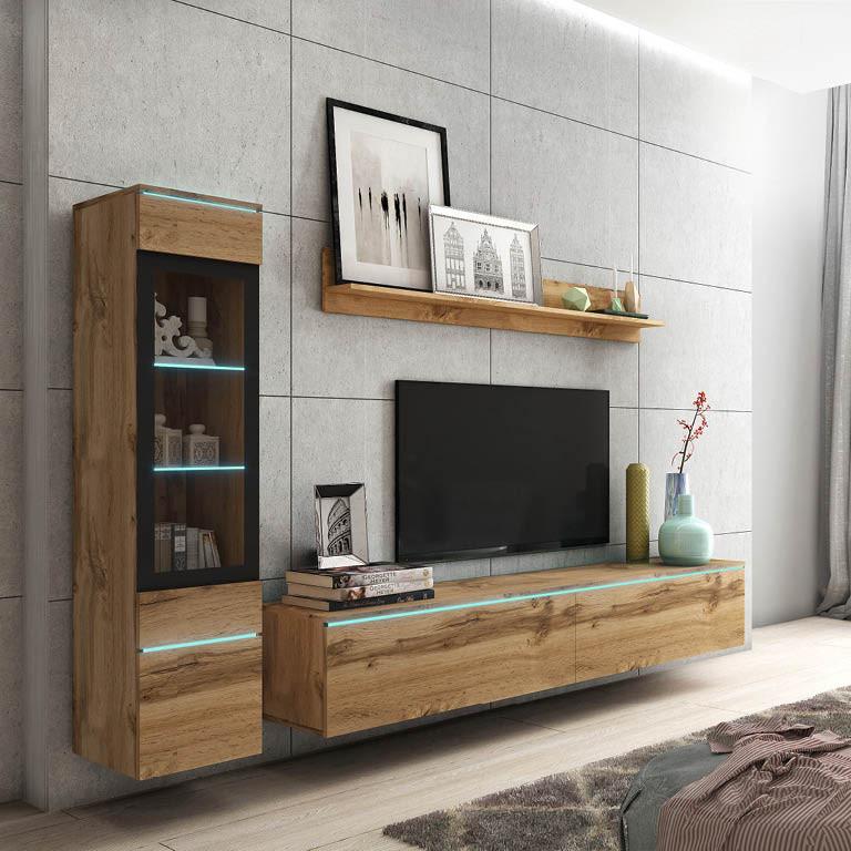 moderná obývacia stena v dekore dub s LED osvetlením