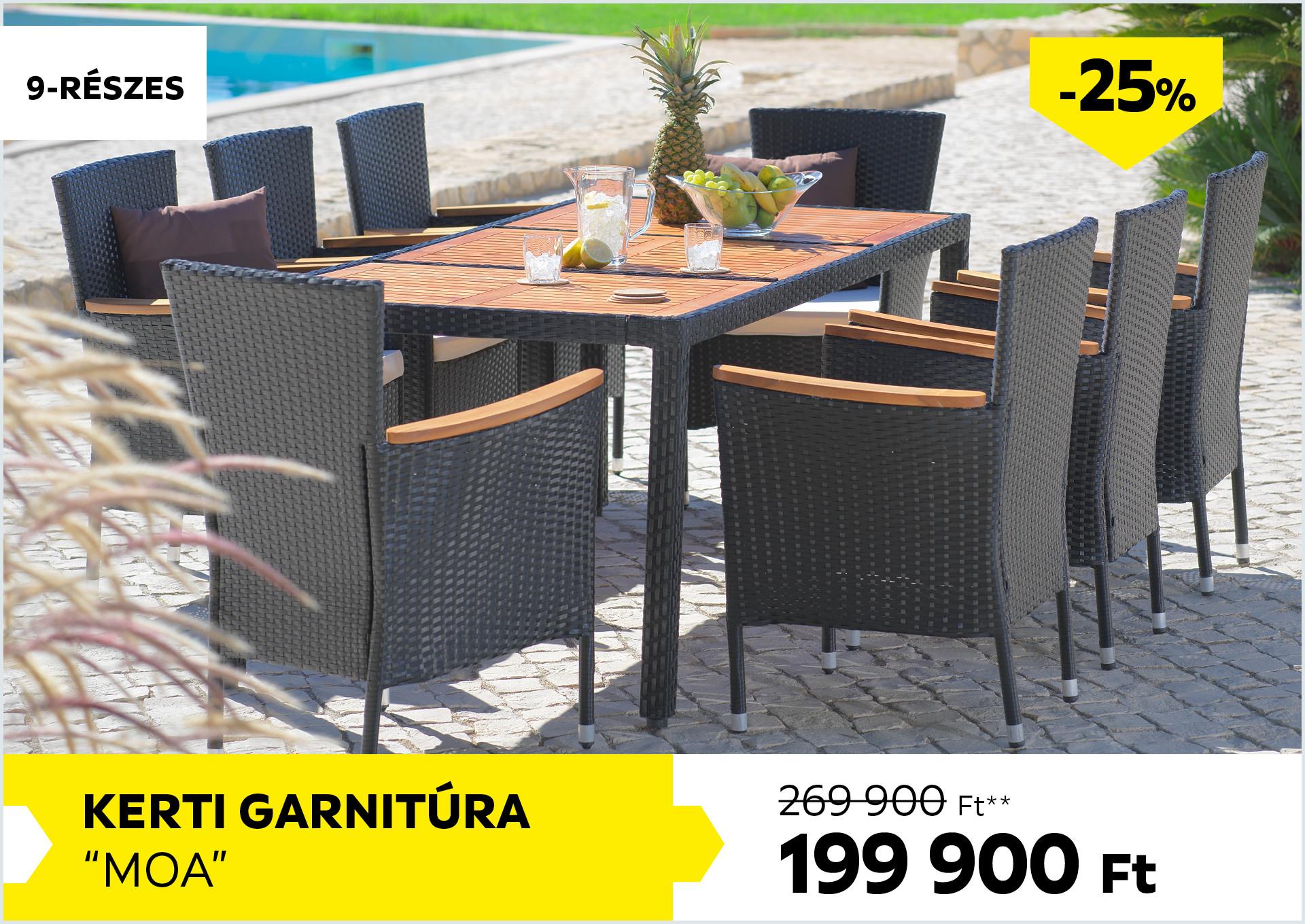 Kerti garnitúra 9-részes MOA 269900Forint helyett 199900Forint kedvezmény mértéke 25%