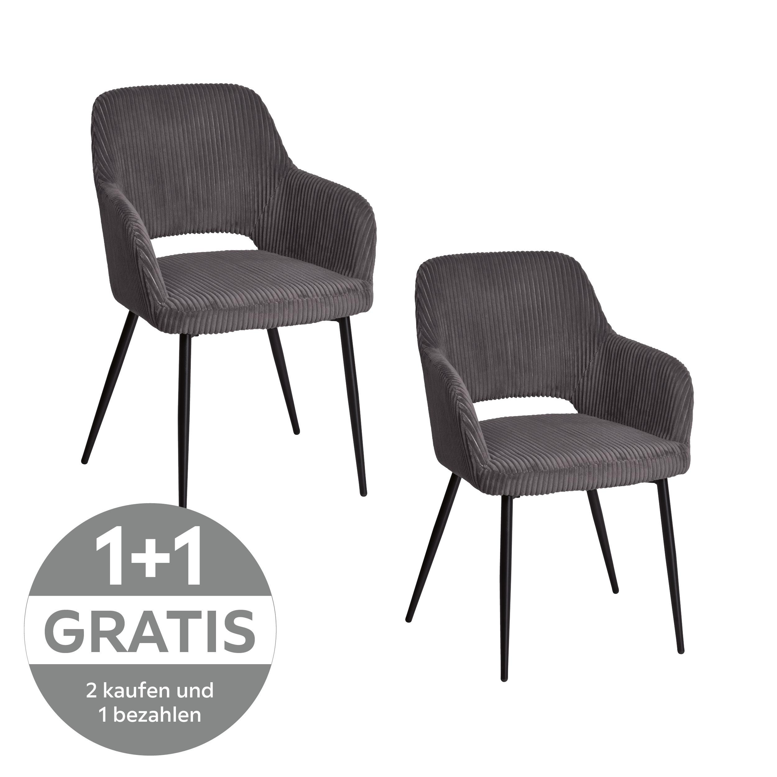 Armlehnstuhl Pina Cord Grau, B: 57 cm - Schwarz/Grau, KONVENTIONELL, Holz/Textil (57/83.5/63cm) - MID.YOU