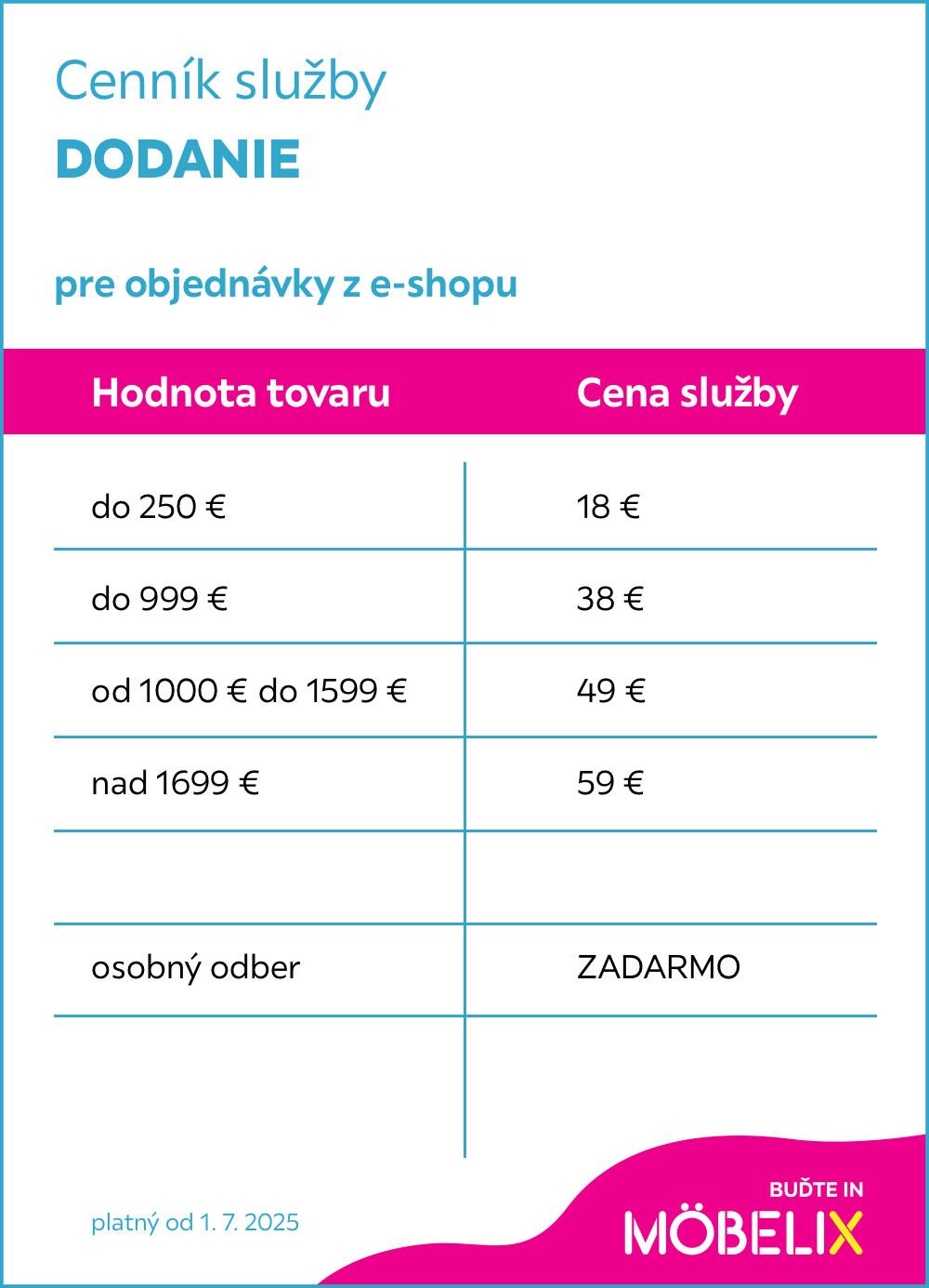 cenník služby dodanie
