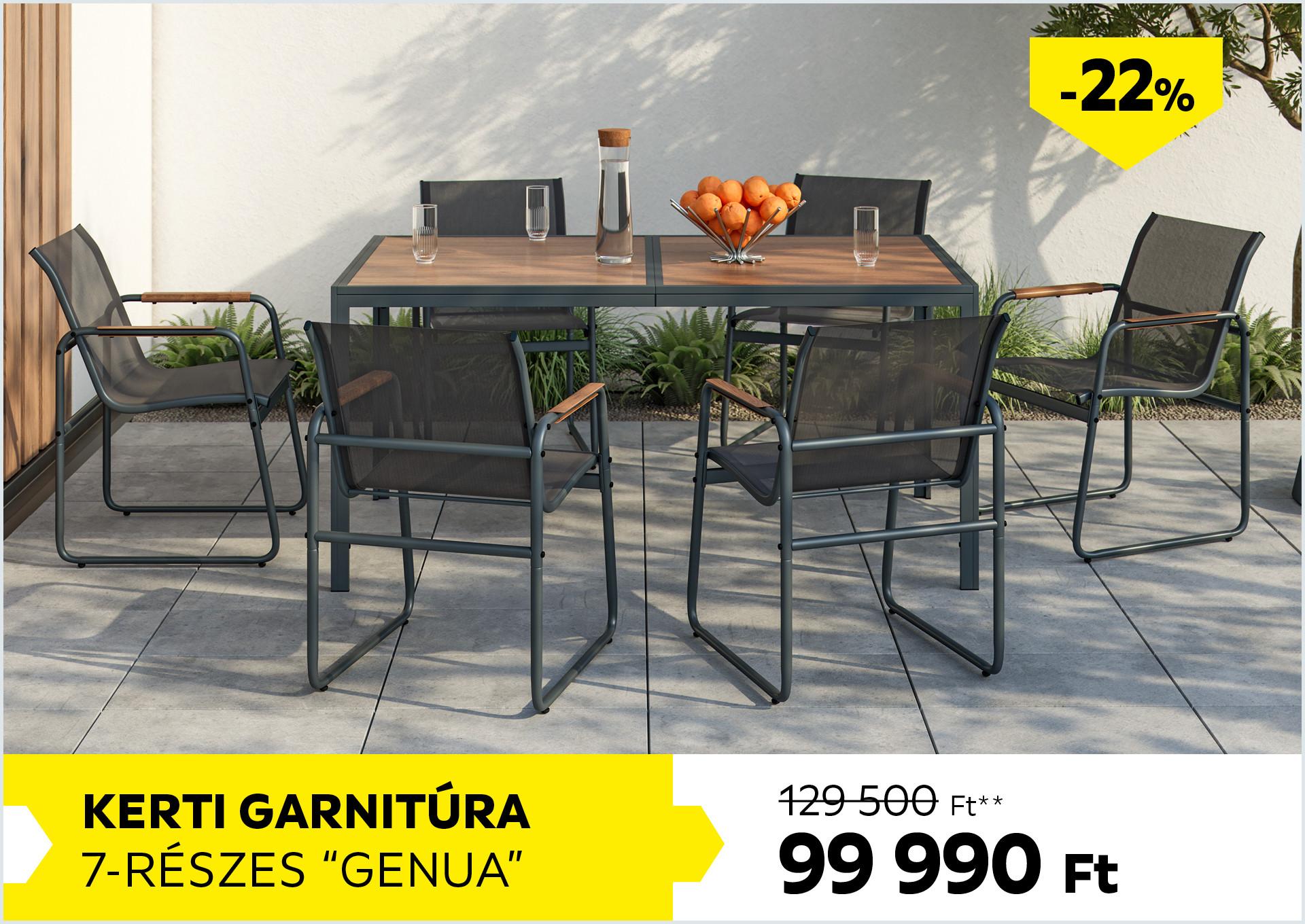 Kerti garnitúra 7-részes GENUA 129500Forint helyett 99990Forint kedvezmény mértéke 22%