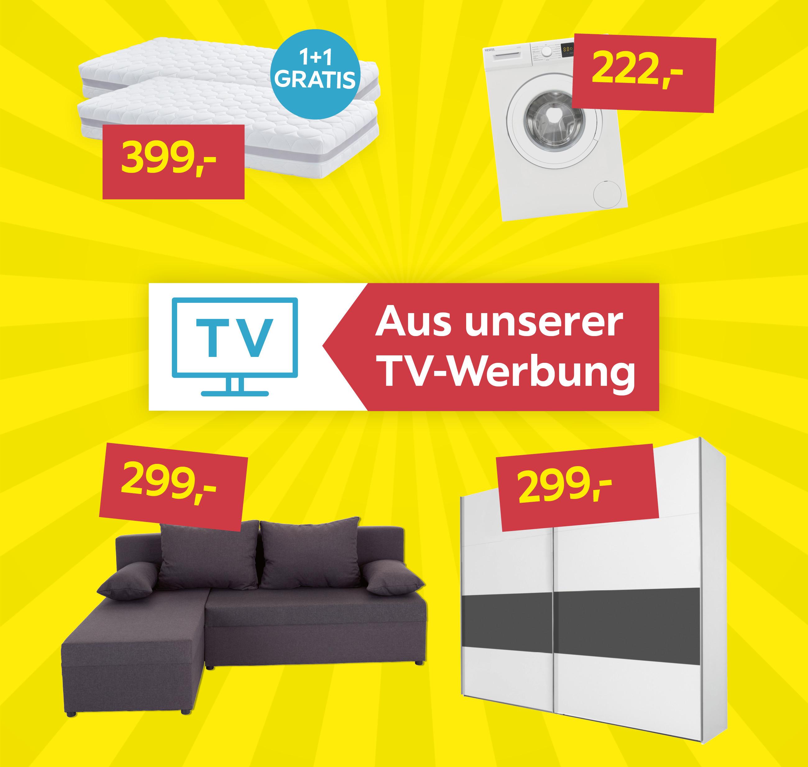 Aktuelle TV-Angebote auf gelben Strahlen-Hintergrund