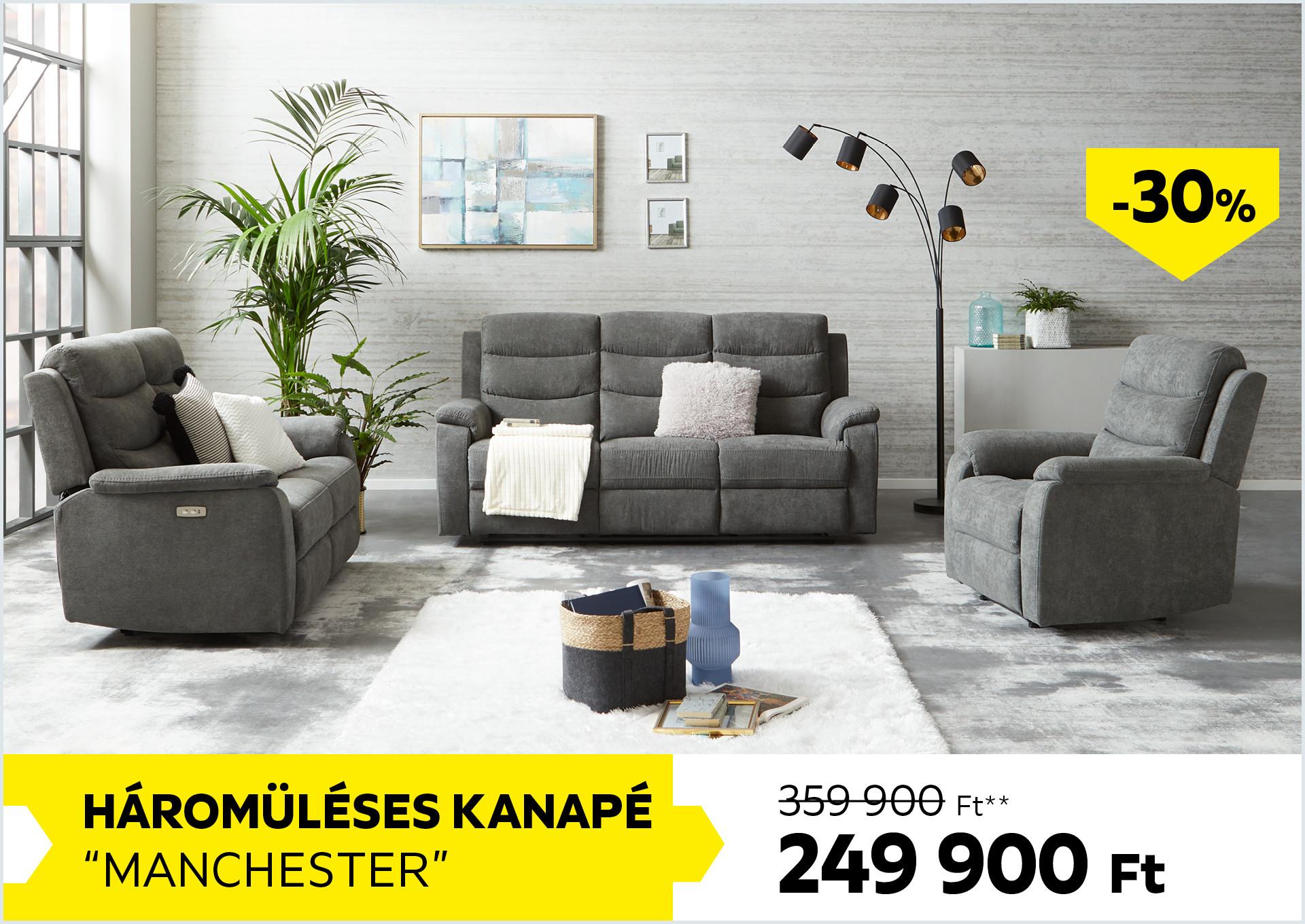 Háromüléses kanapé Manchester 359900Forint helyett 249900Forint kedvezmény mértéke 30%