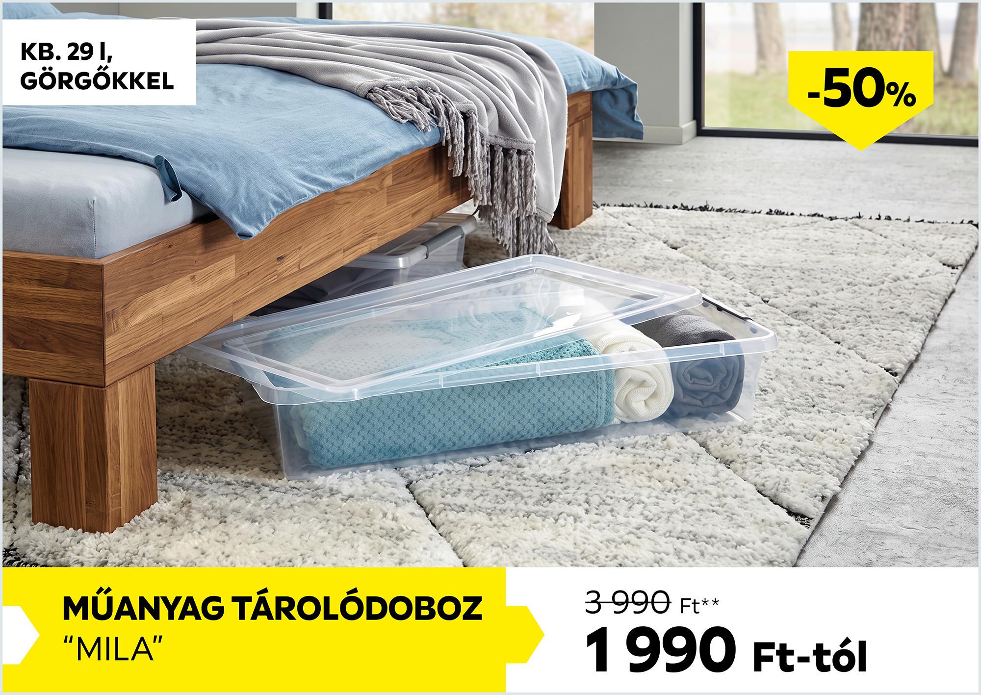 Műanyag tárolódoboz kb. 29l görgőkkel MILA 3990Forint helyett 1990Forint kedvezmény mértéke 50%