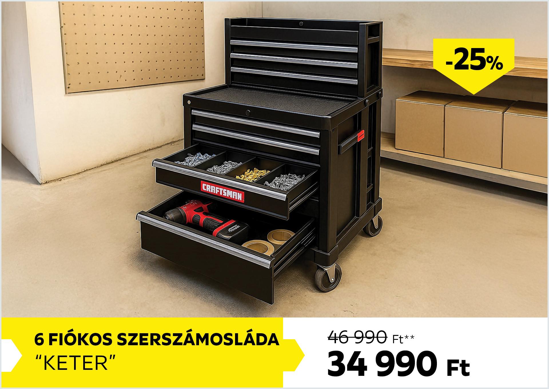 6 fiókos szerszámosláda KETER 46990Forint helyett 34990Forint kedvezmény mértéke 25%