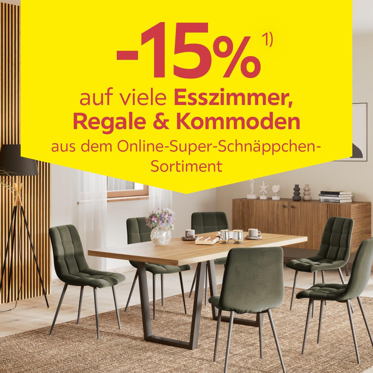 -15% auf viele Esszimmer, Regale & Kommoden aus dem Online-Super-Schnäppchen-Sortiment