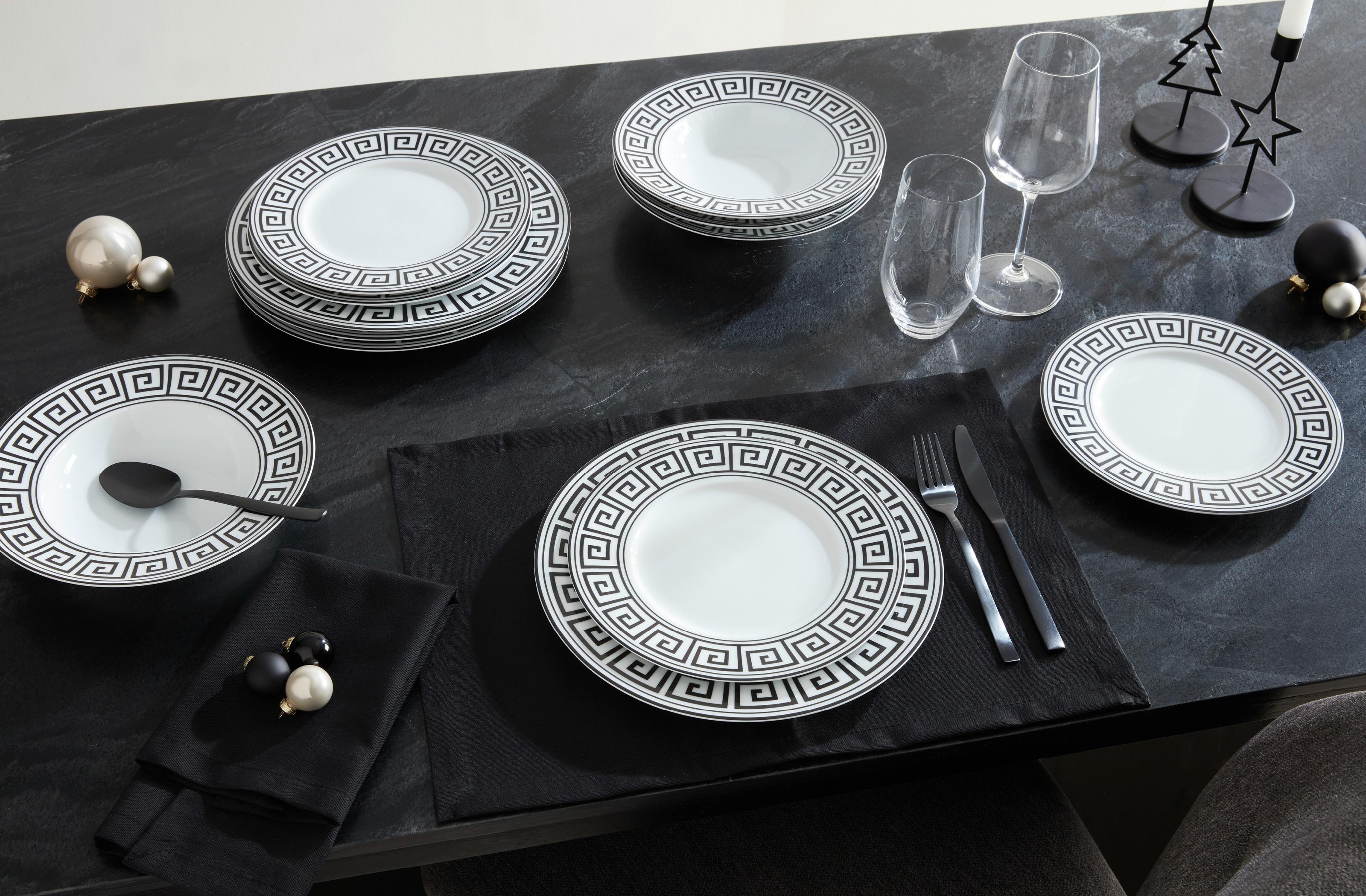 biely jedálenský servis s čiernym ornamentom, elegantné vianočné prestieranie