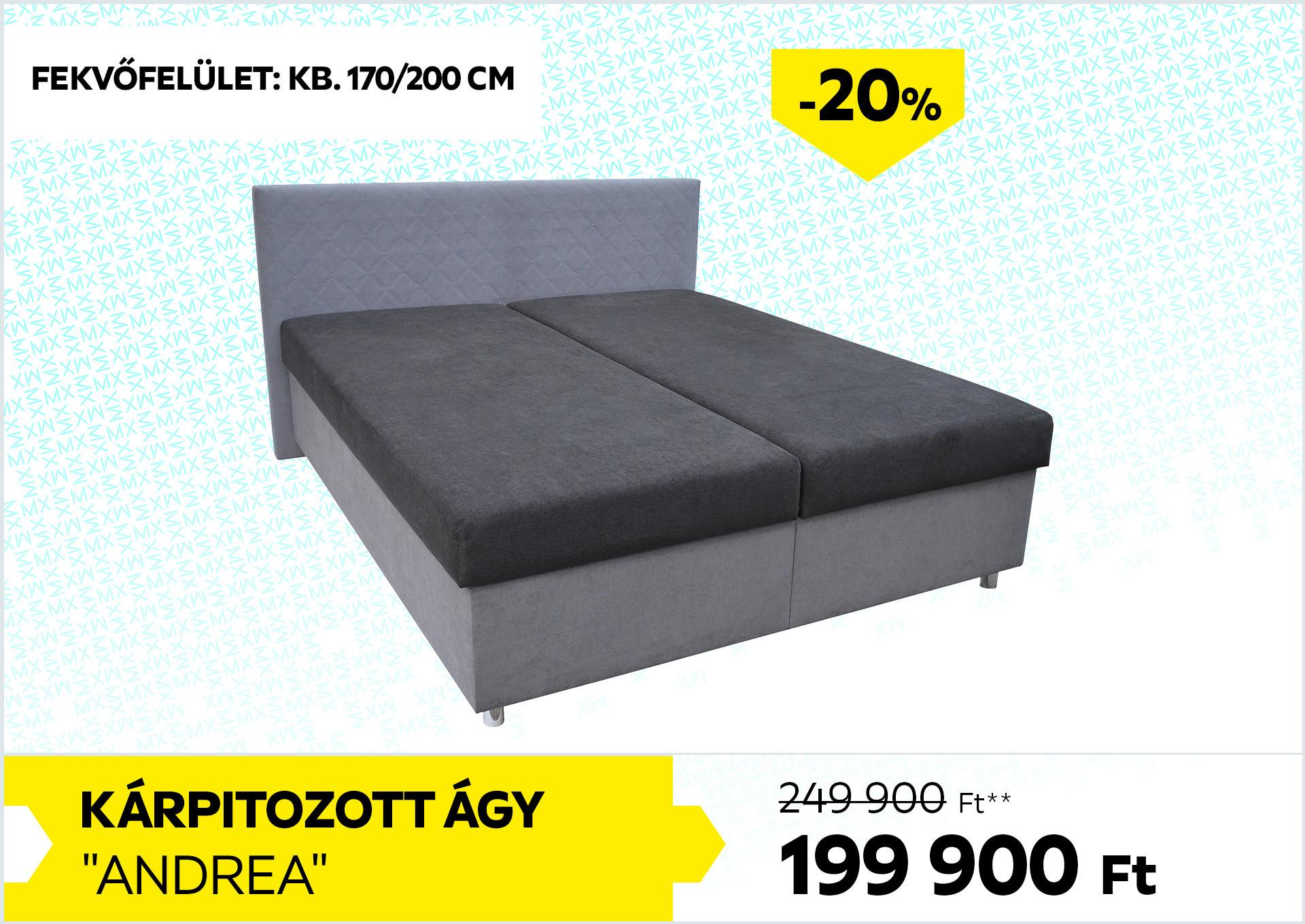 Kárpitozott ágy Andrea 249900Forint helyett 199900Forint kedvezmény mértéke 20%