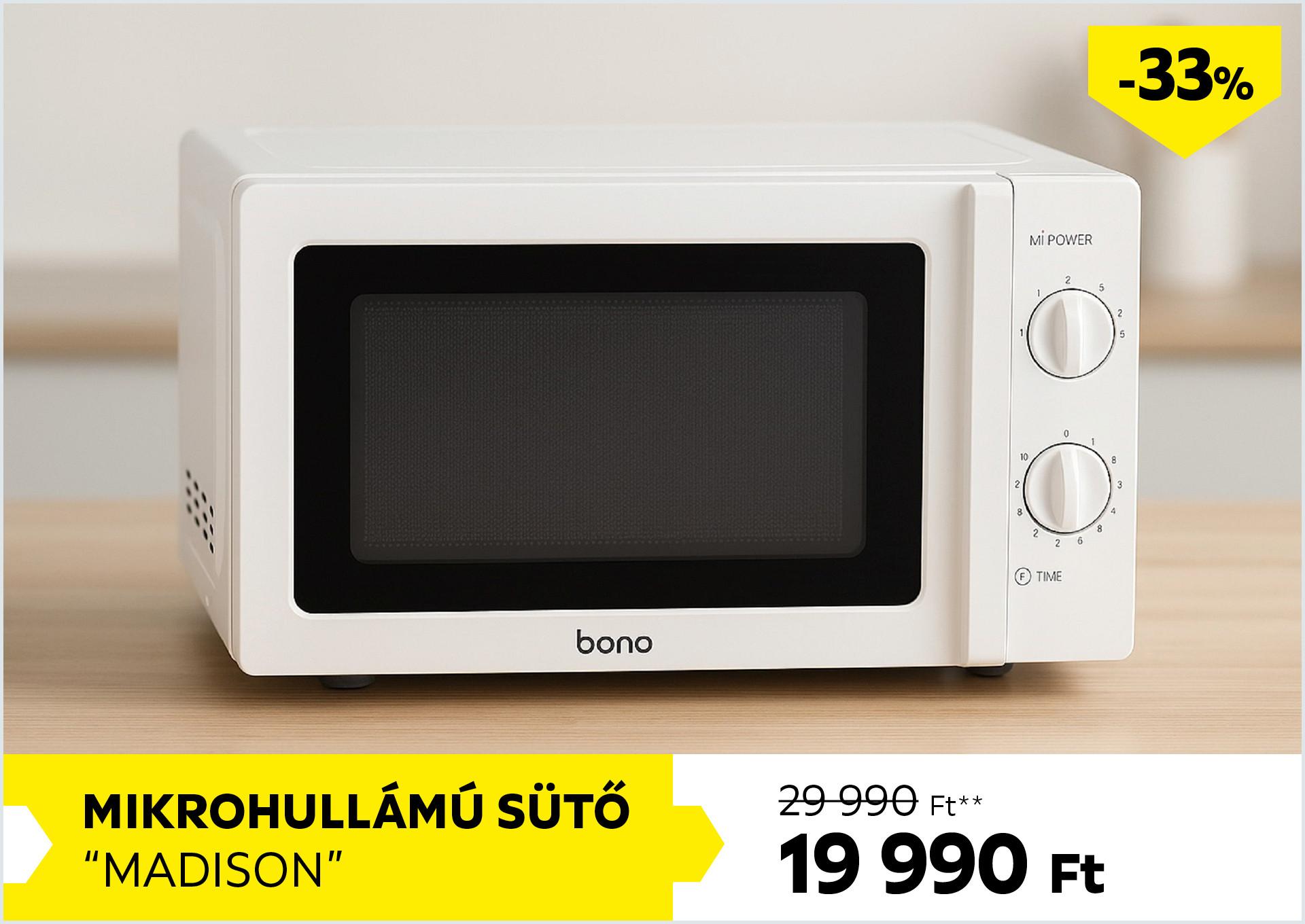 Mikrohullámú sütő MADISON 29990Forint helyett 19990Forint kedvezmény mértéke 33%
