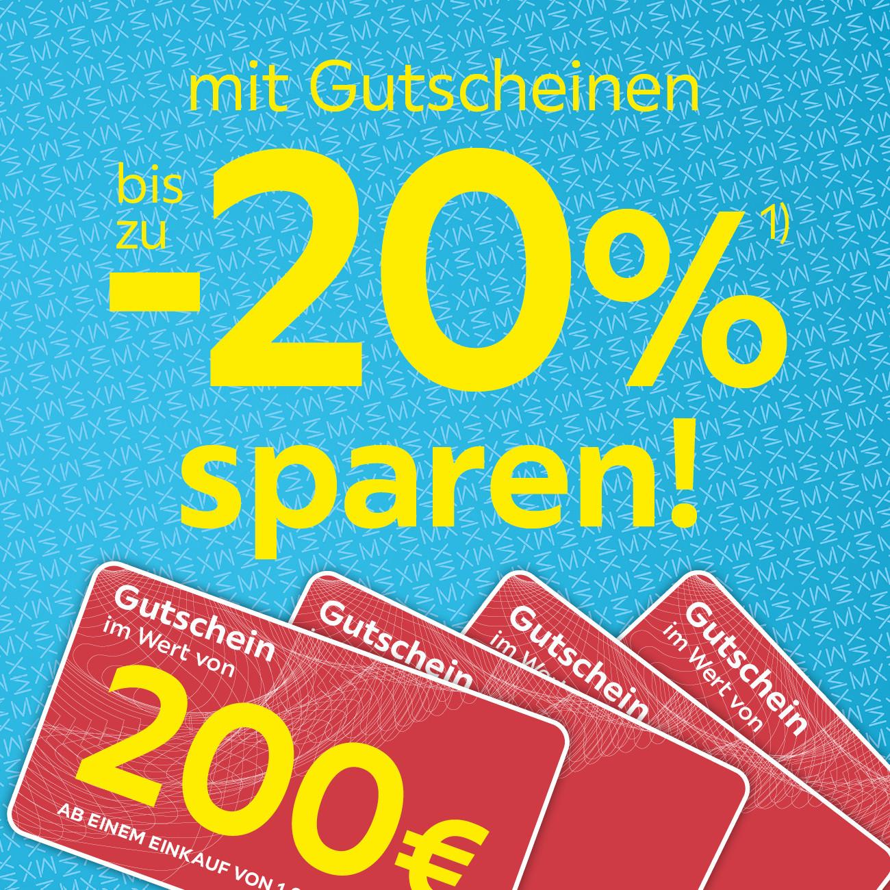 mit Gutscheinen bis zu -20% sparen, Gutschein im Wert von 200€ ab einem Einkauf von 1.000€
