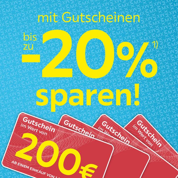 mit Gutscheinen bis zu -20% sparen, Gutschein im Wert von 200€ ab einem Einkauf von 1.000€