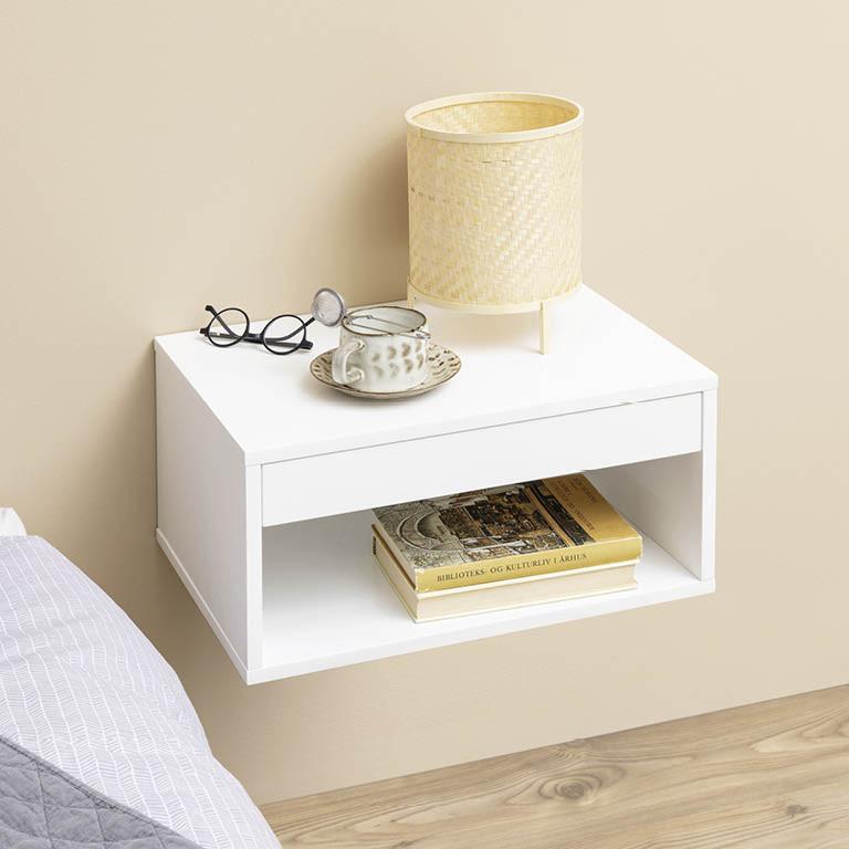 lacný nočný stolík na stenu, biely