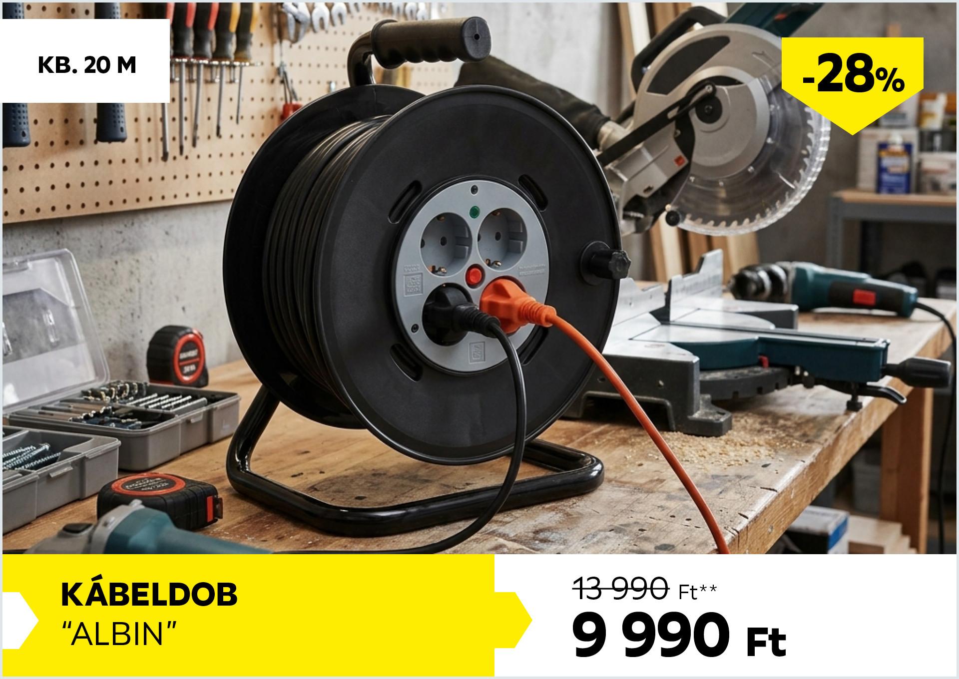 Kábeldob kb. 20m ALBIN 13990Forint helyett 9990Forint kedvezmény mértéke 28%