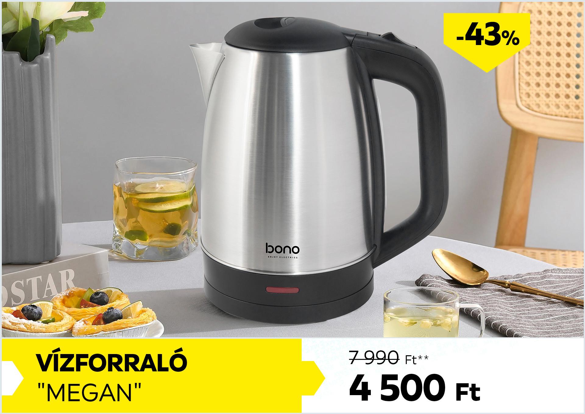Vízforraló MEGAN 7990Forint helyett 4500Forint kedvezmény mértéke 43%