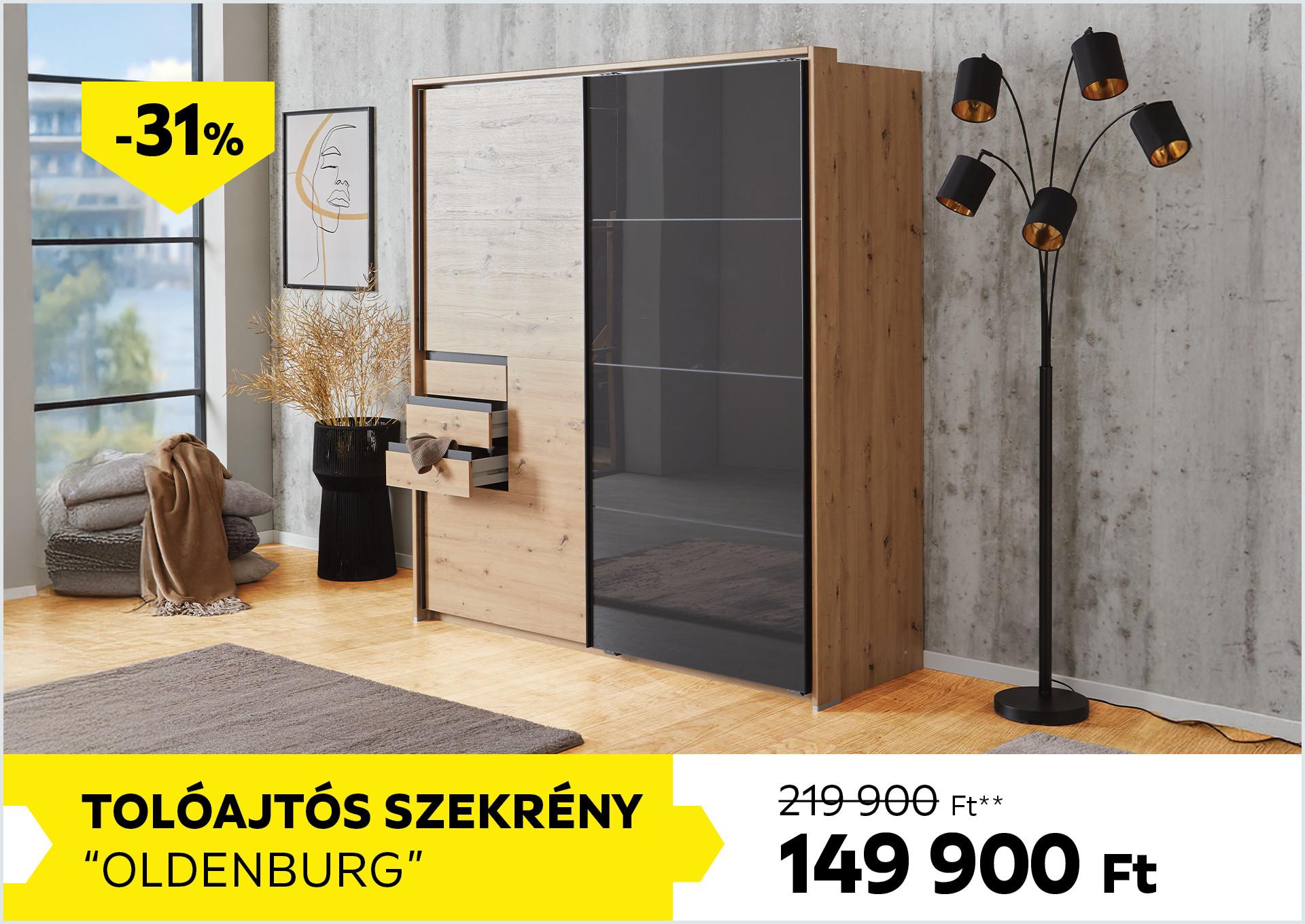 Tolóajtós szekrény Oldenburg 219900Forint helyett 149900Forint kedvezmény mértéke 31%
