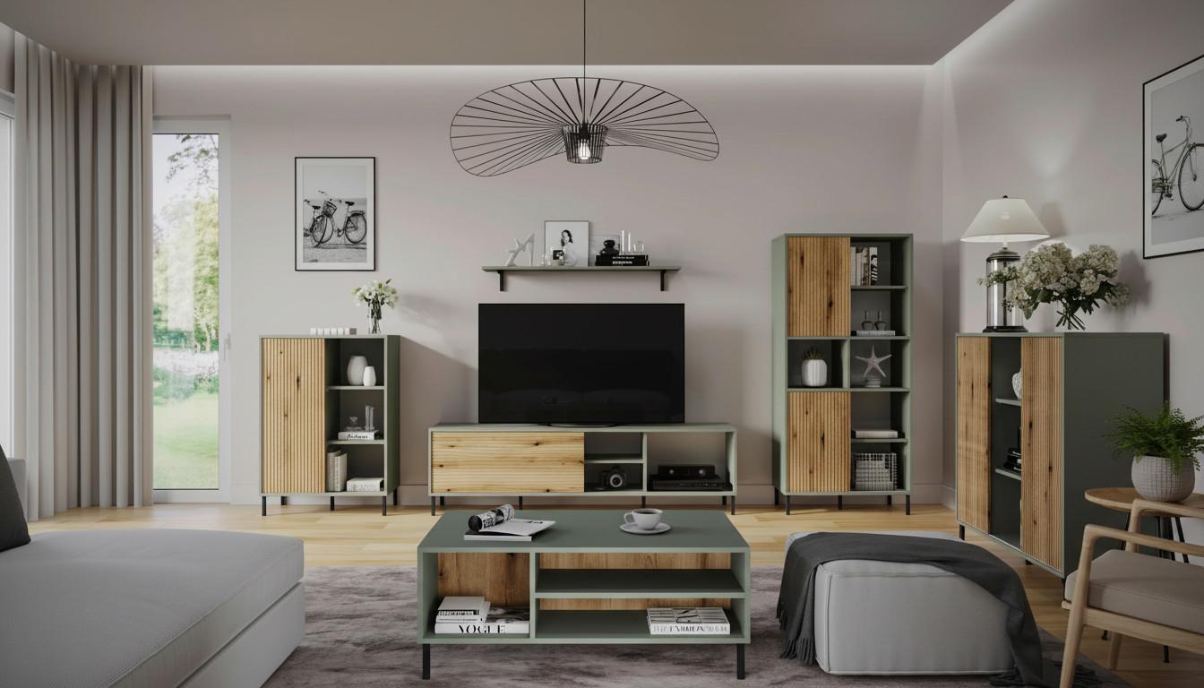 Letisztult nappali TV-vel, zöldes-fa hatású tárolóbútorokkal, dohányzóasztallal és modern mennyezeti lámpával.