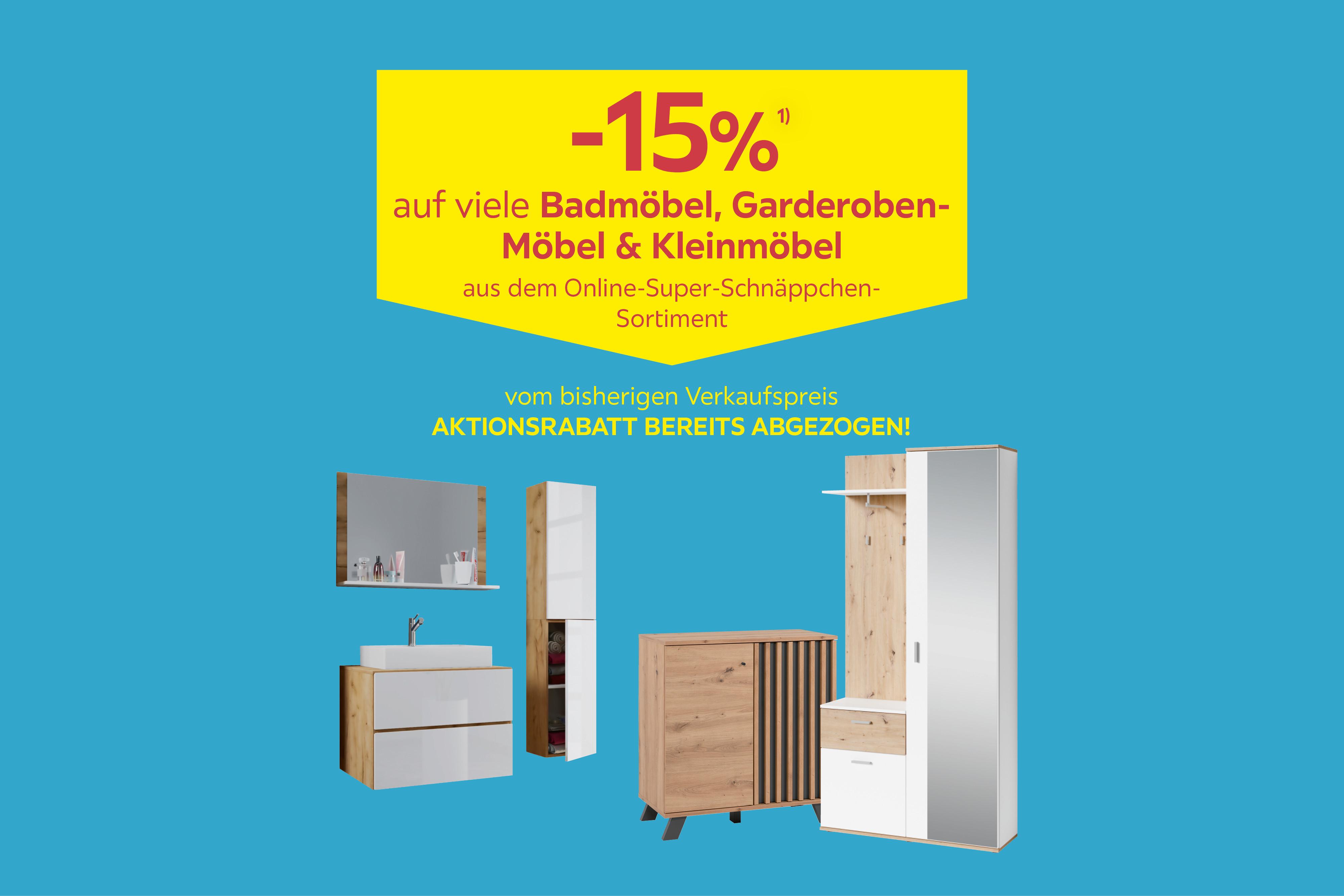 -15% auf viele Badmöbel, Garderoben-Möbel & Kleinmöbel aus dem Online-Super-Schnäppchen-Sortiment