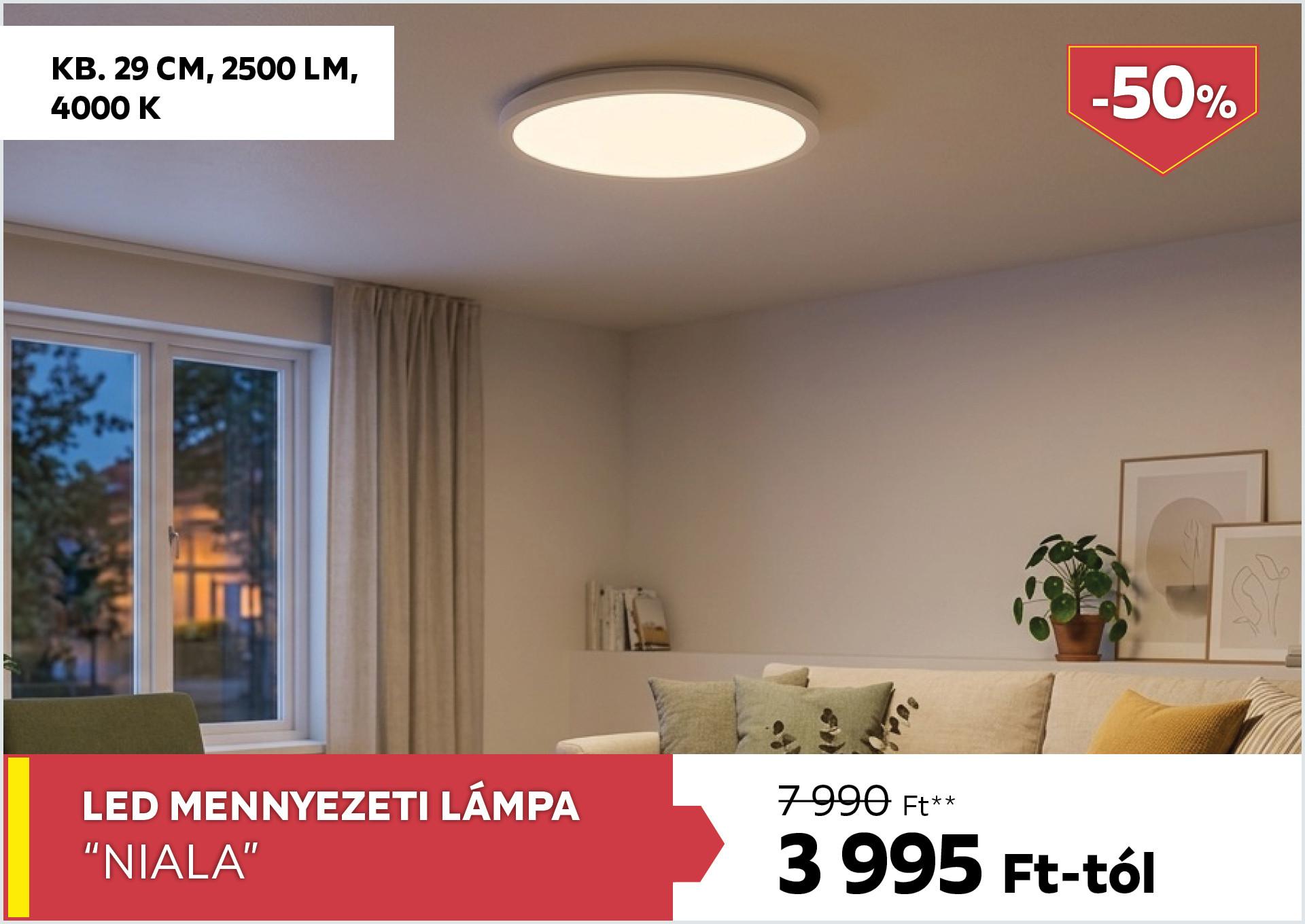 LED mennyezeti lámpa kb. 29cm, 2500Lm, 4000K NIALA 7990Forint helyett 3995Forint kedvezmény mértéke 50%