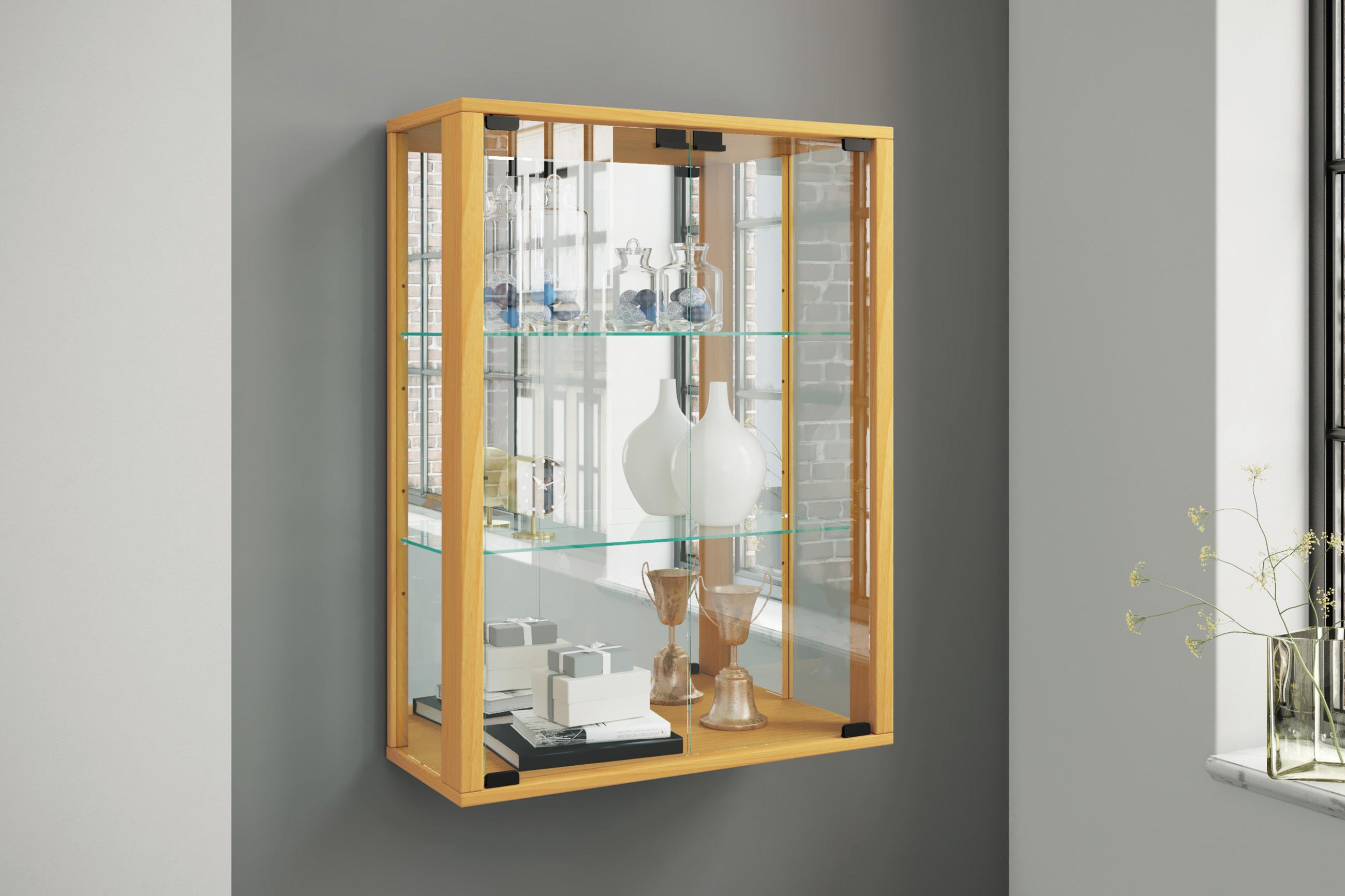 Hängevitrine aus Glas und Holz