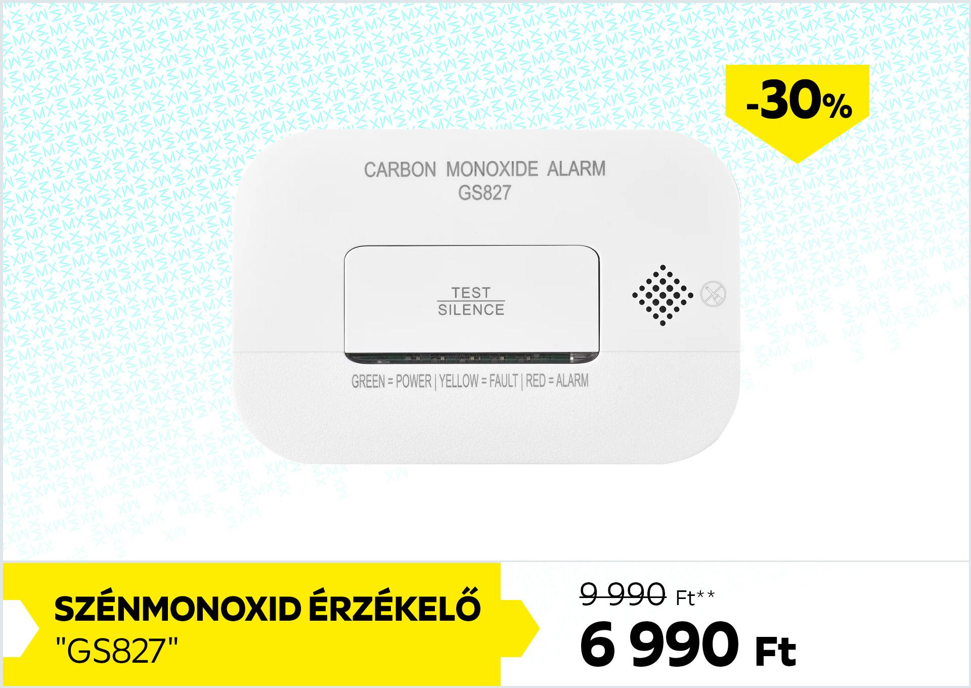 Szénmonoxid érzékelő GS827 9990Forint helyett 6990Forint kedvezmény mértéke 30%