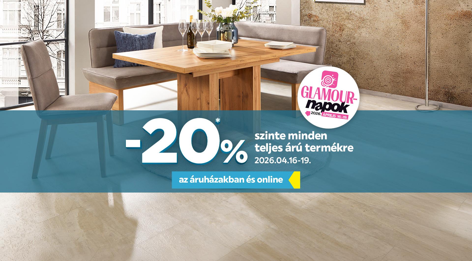 Glamour-napok 2026.04.16. és 2026.04.19. között! -20%* szinte minden teljes árú termékre az áruházakban és online 2026.04.16. és 2026.04.19. között!