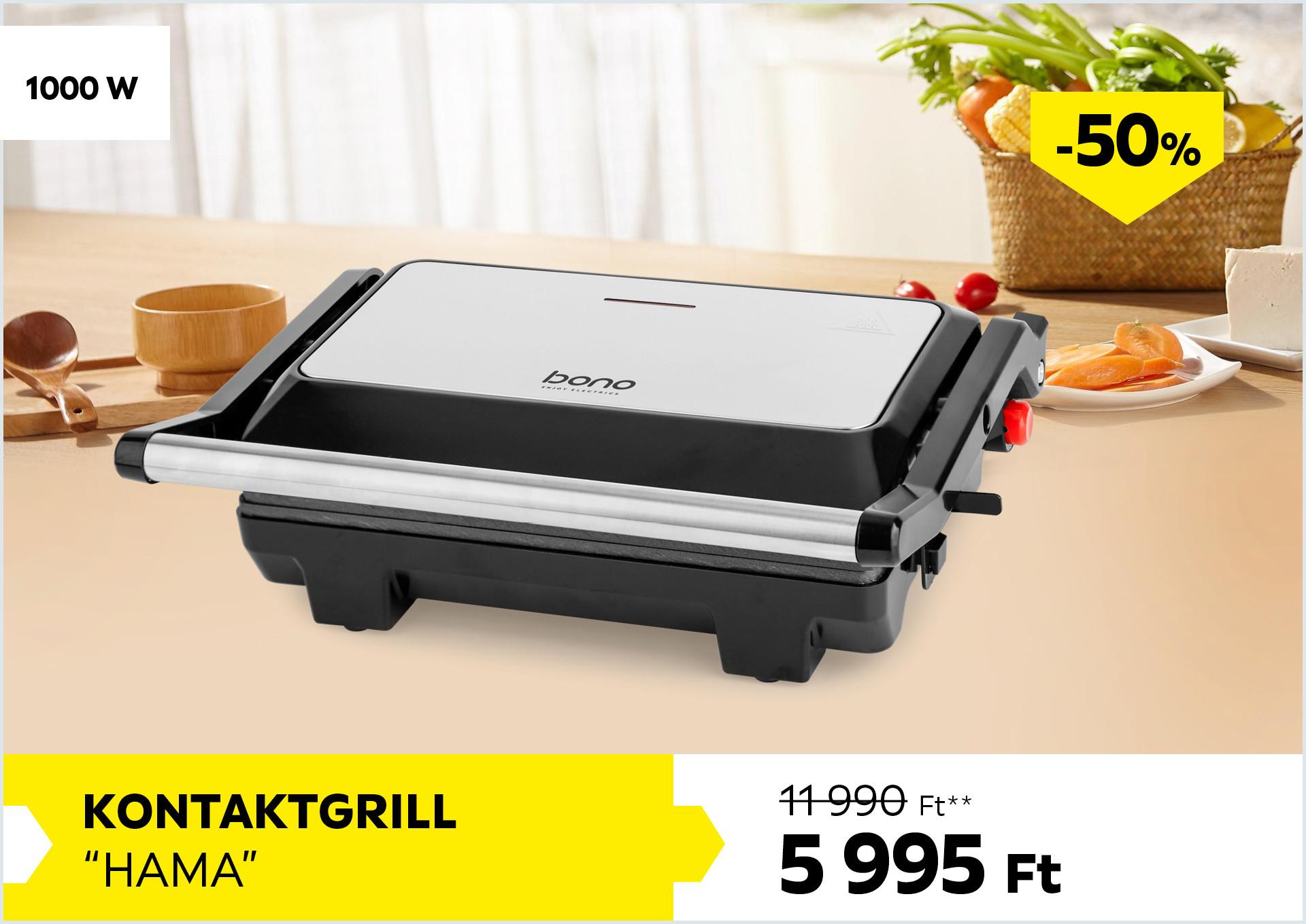 Kontaktgrill 1000W HAMA 11990Forint helyett 5995Forint kedvezmény mértéke 50%