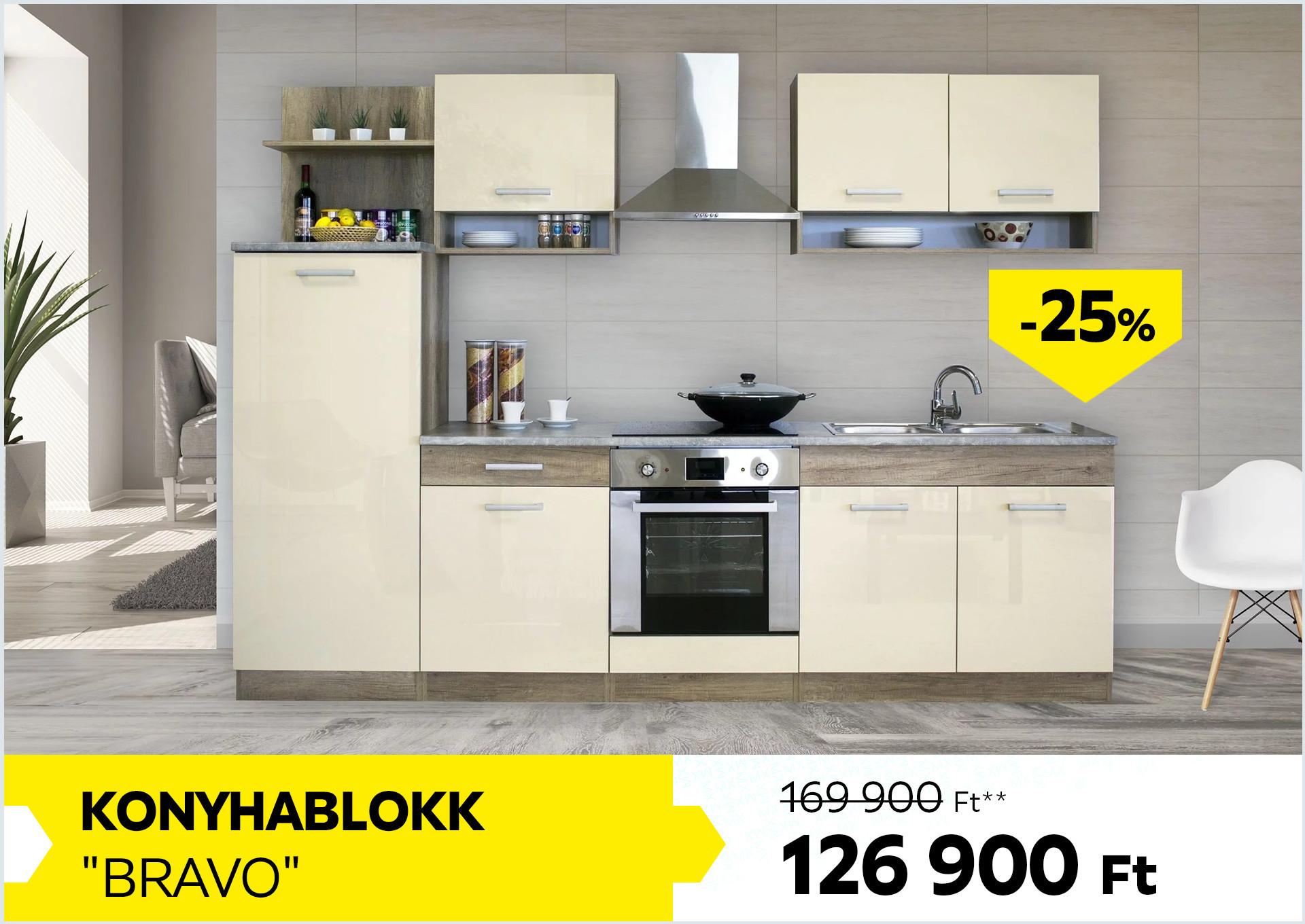 Konyhablokk BRAVO 169900 Forint helyett 126900 Forint, kedvezmény mértéke 25%