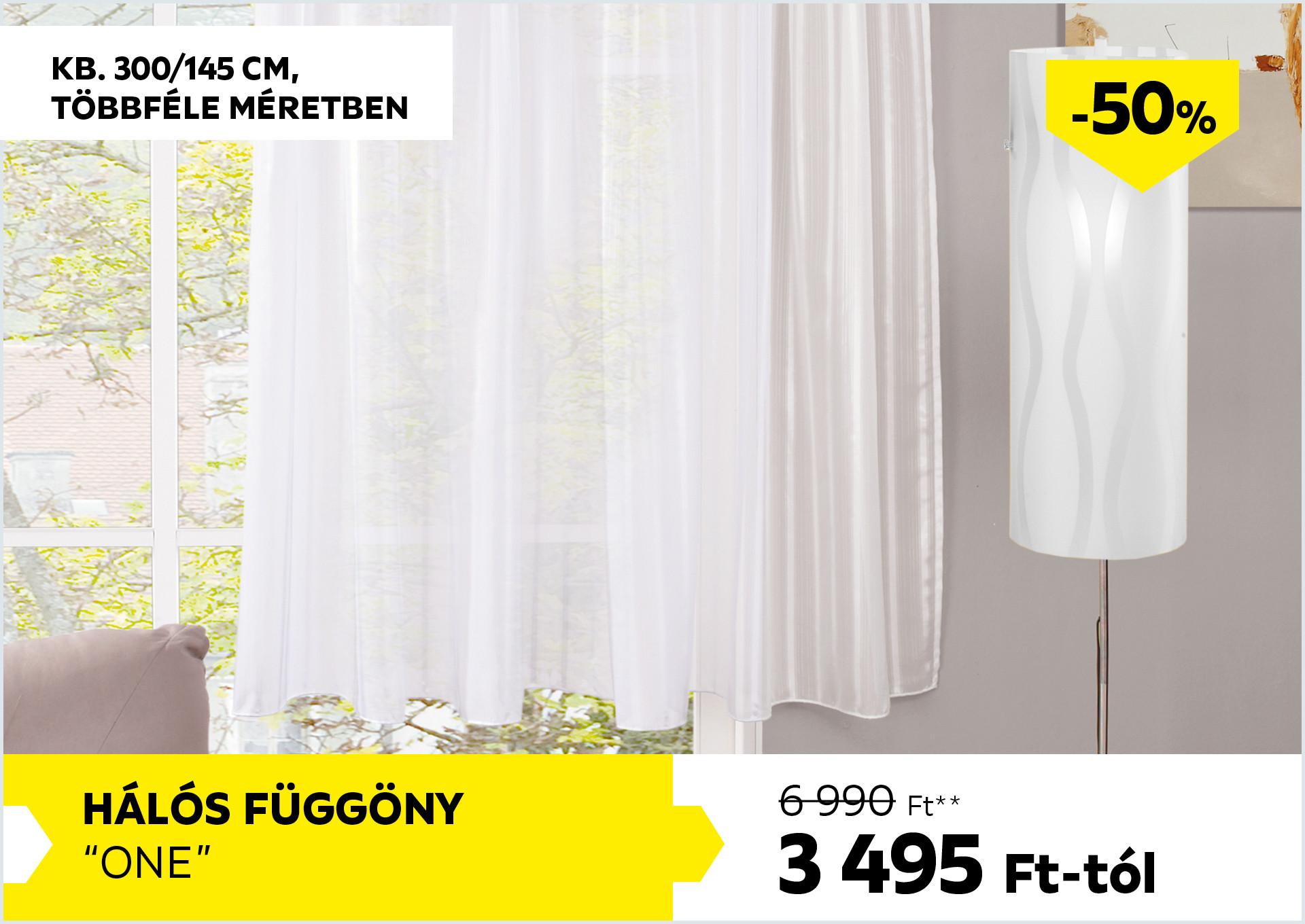 Hálós függöny kb. 300/145cm ONE 6990Forint helyett 3495Forint kedvezmény mértéke 50%