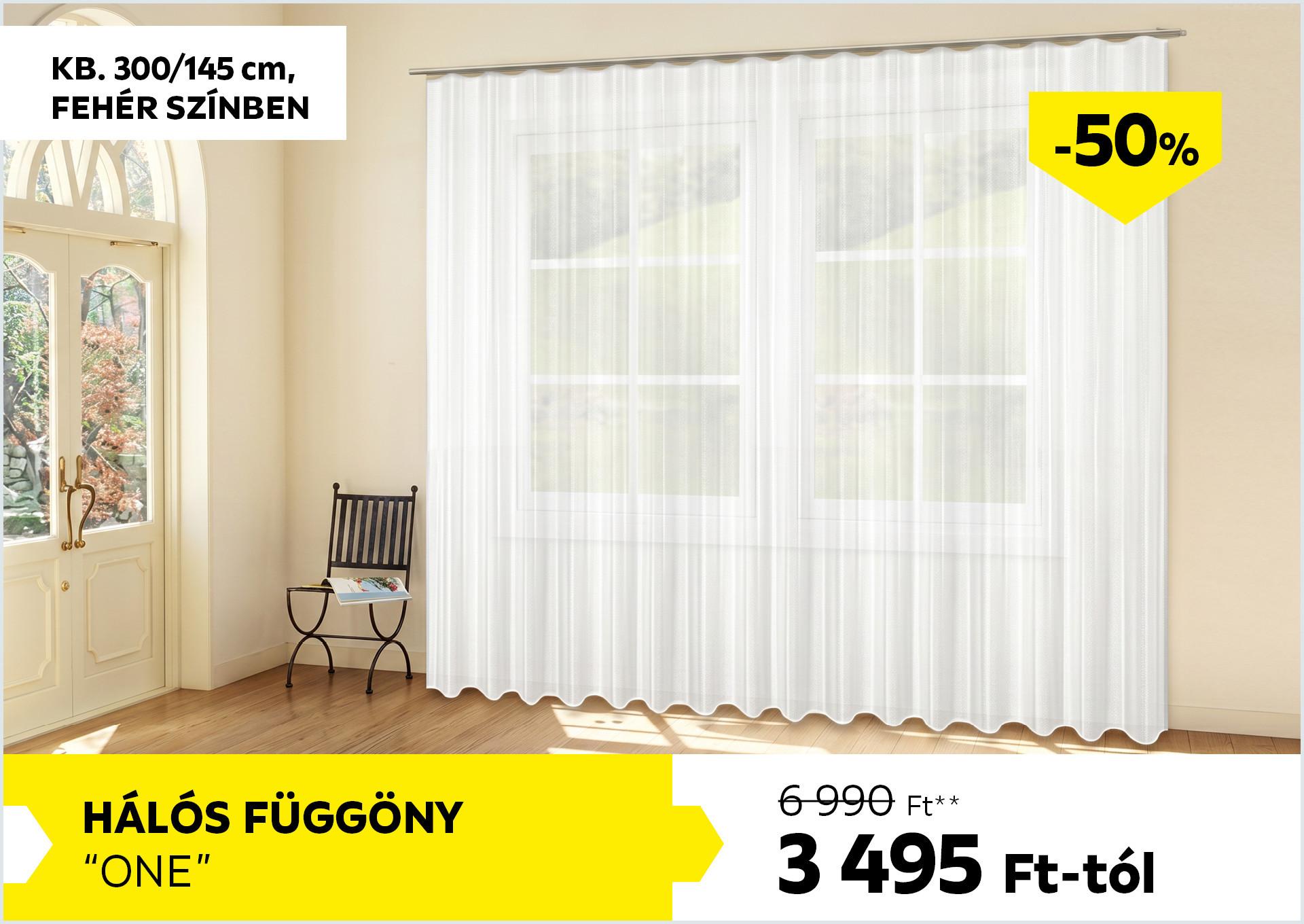 Hálós függöny fehér szín, kb. 300/145cm ONE 6990Forint helyett 3495Forint kedvezmény mértéke 50%