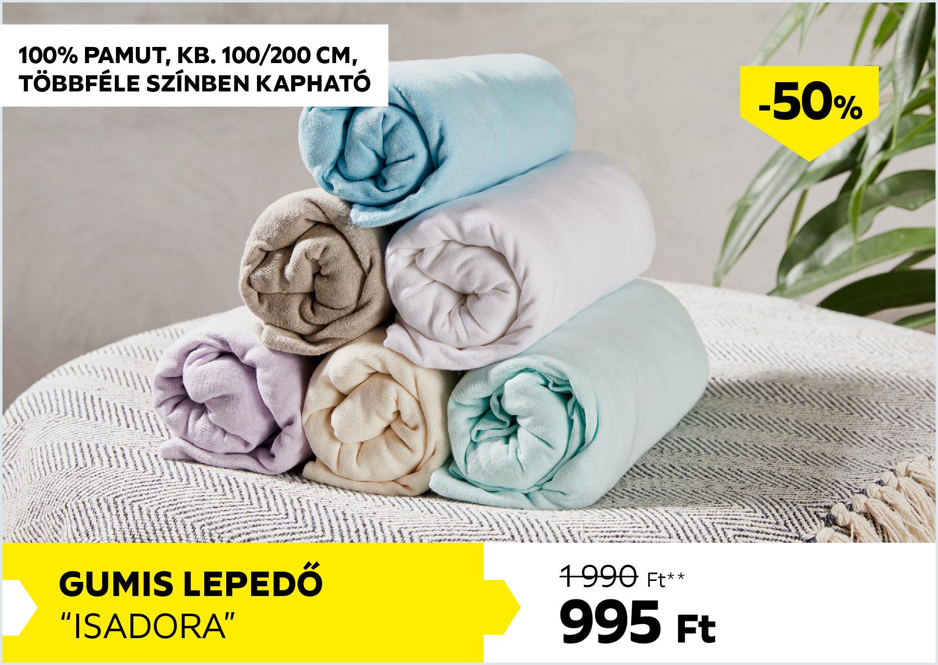 Gumis lepedő, 100% pamut, kb. 100/200cm ISADORA 1990Forint helyett 995Forint kedvezmény mértéke 50%