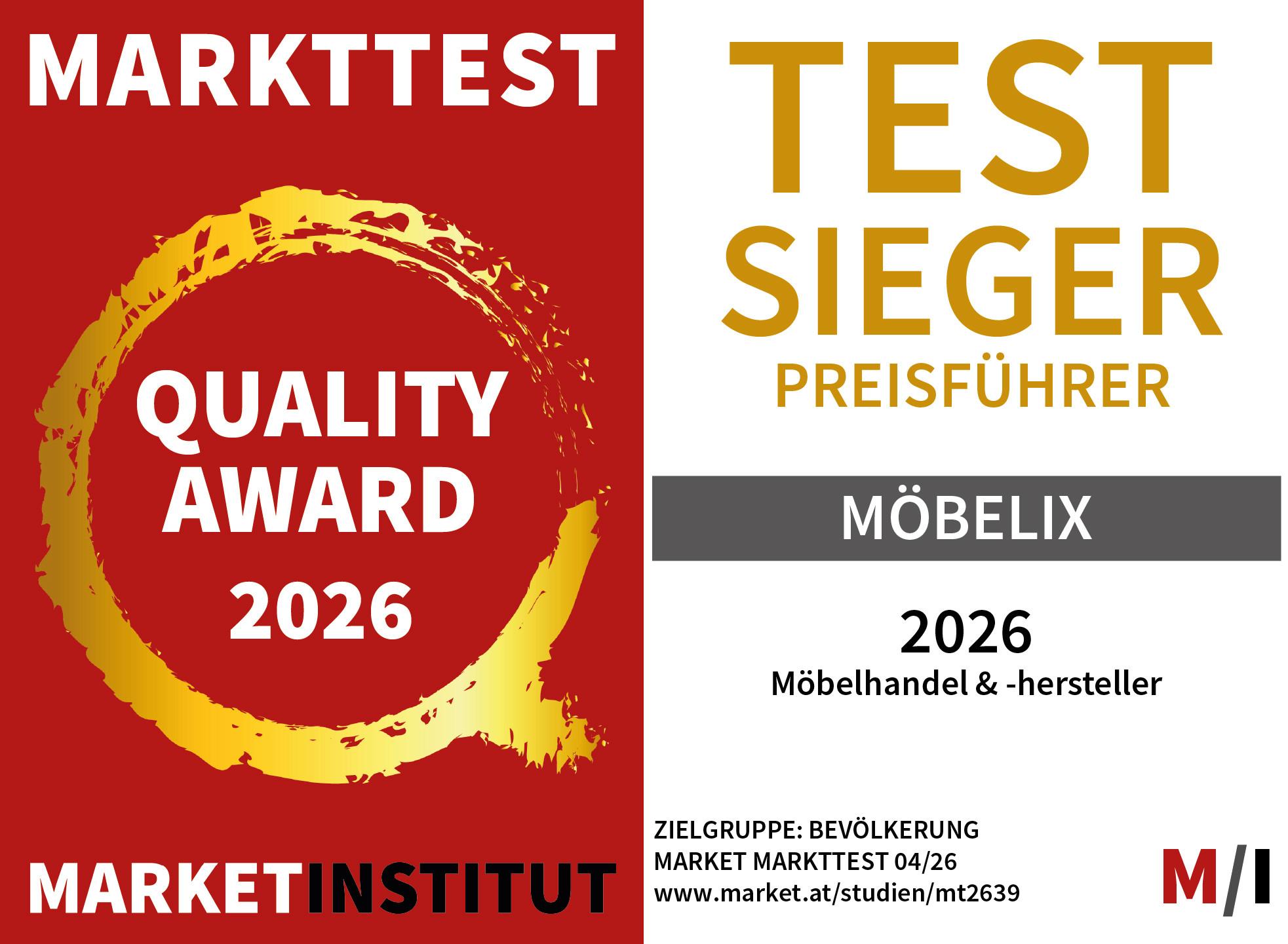 Markttest, Quality Award 2026 Marketinstitut, Testsieger Preisführer, Möbelix, 2026 Möbelhandel- & hersteller