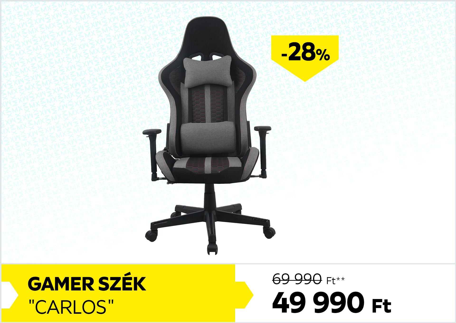 Gamer szék Carlos 69990Forint helyett 49990Forint kedvezmény mértéke 28%