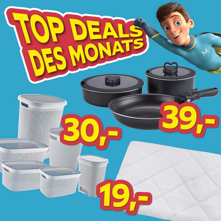 Top Deals des Monats, Pfannenset 39€, Wäschekorbset 30€, Steppdecke 19€